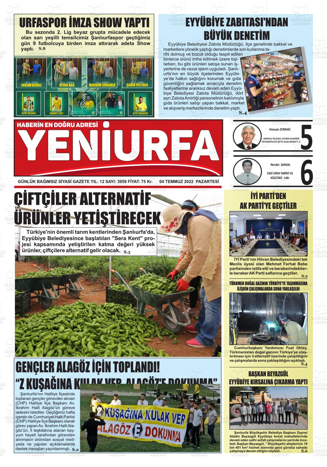 04 Temmuz 2022 Yeni Urfa Gazete Manşeti