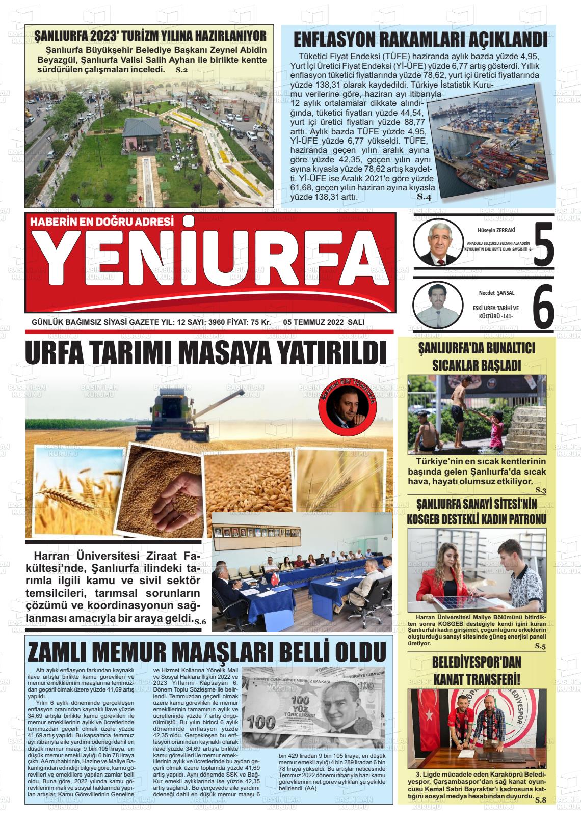 05 Temmuz 2022 Yeni Urfa Gazete Manşeti