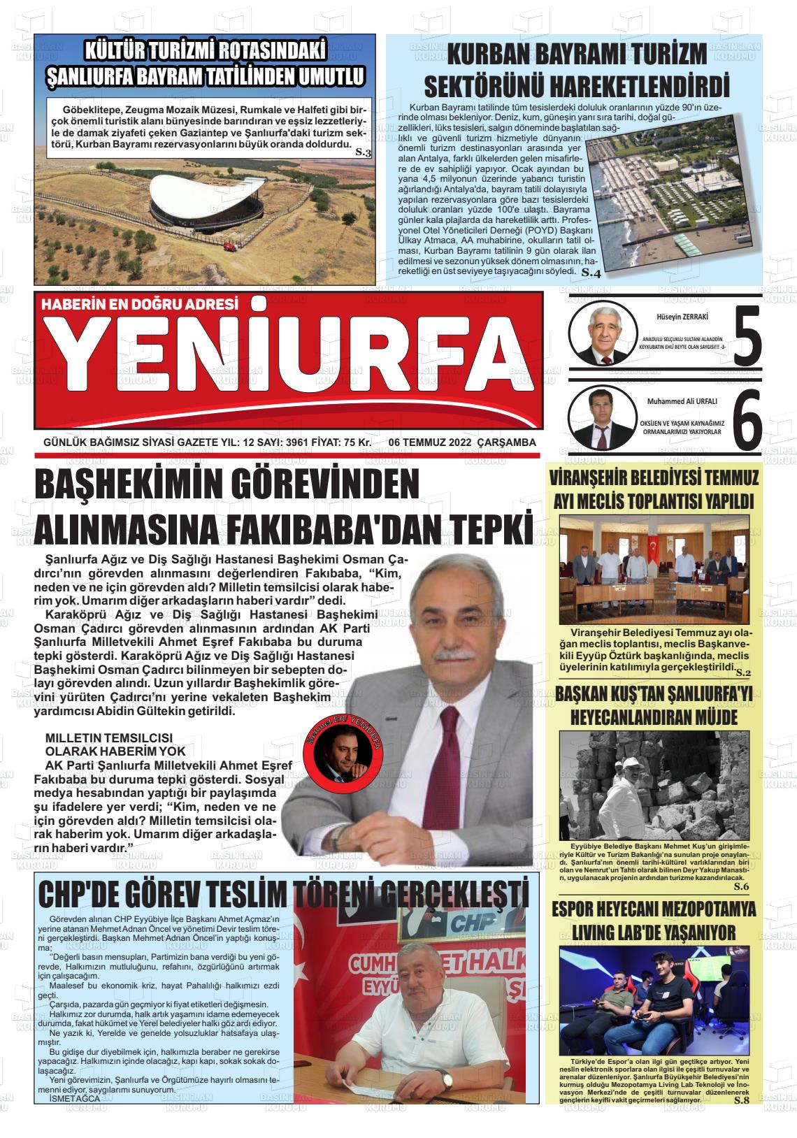 06 Temmuz 2022 Yeni Urfa Gazete Manşeti