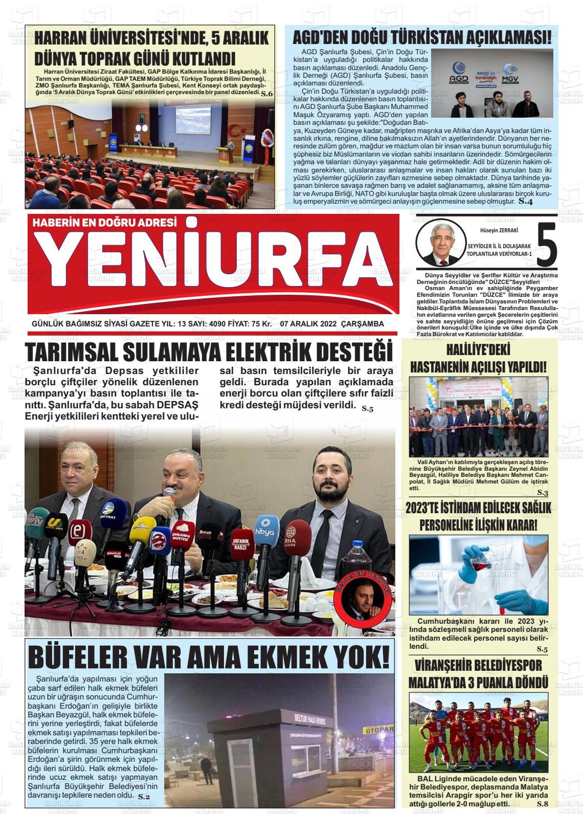 07 Aralık 2022 Yeni Urfa Gazete Manşeti