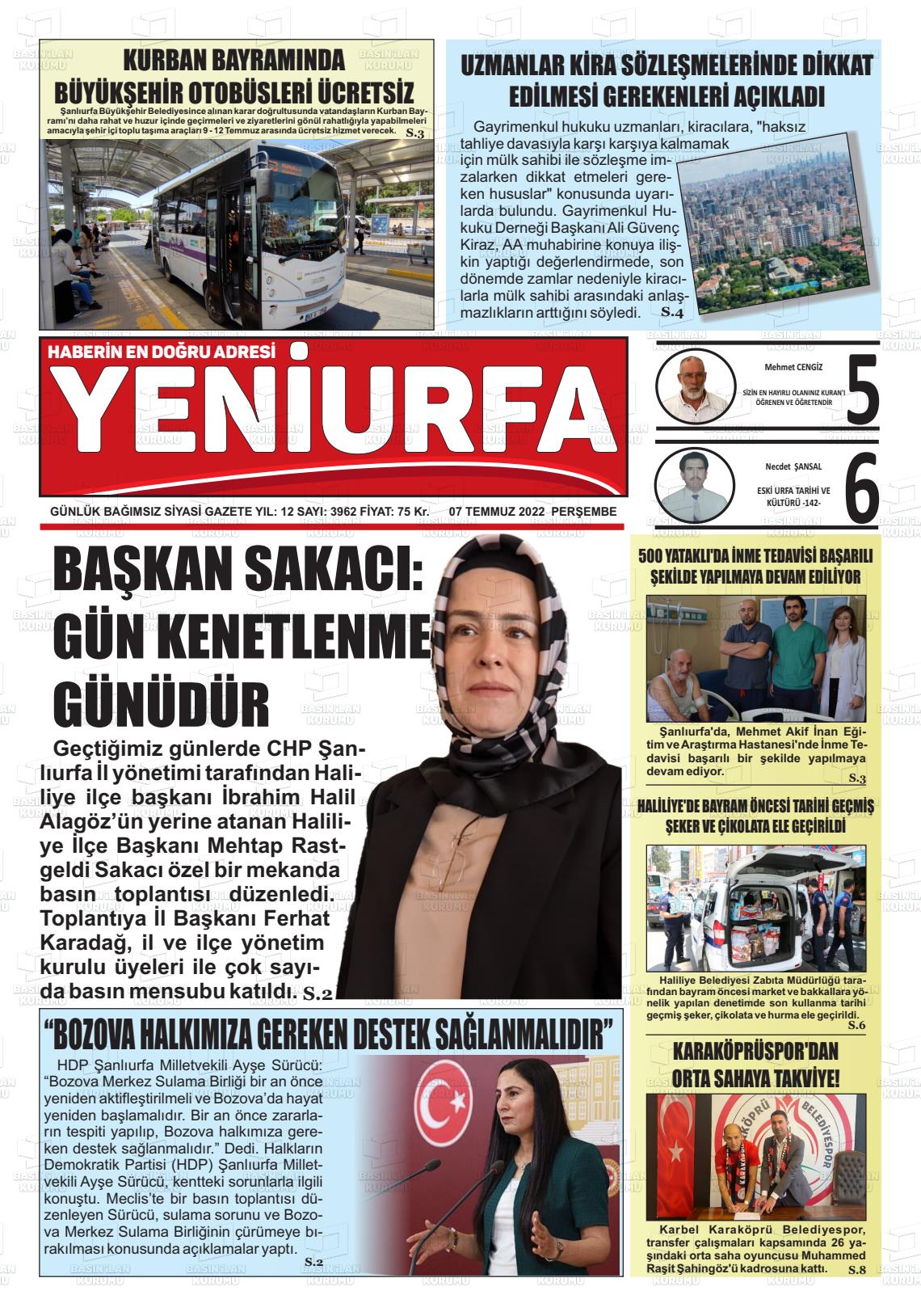 07 Temmuz 2022 Yeni Urfa Gazete Manşeti