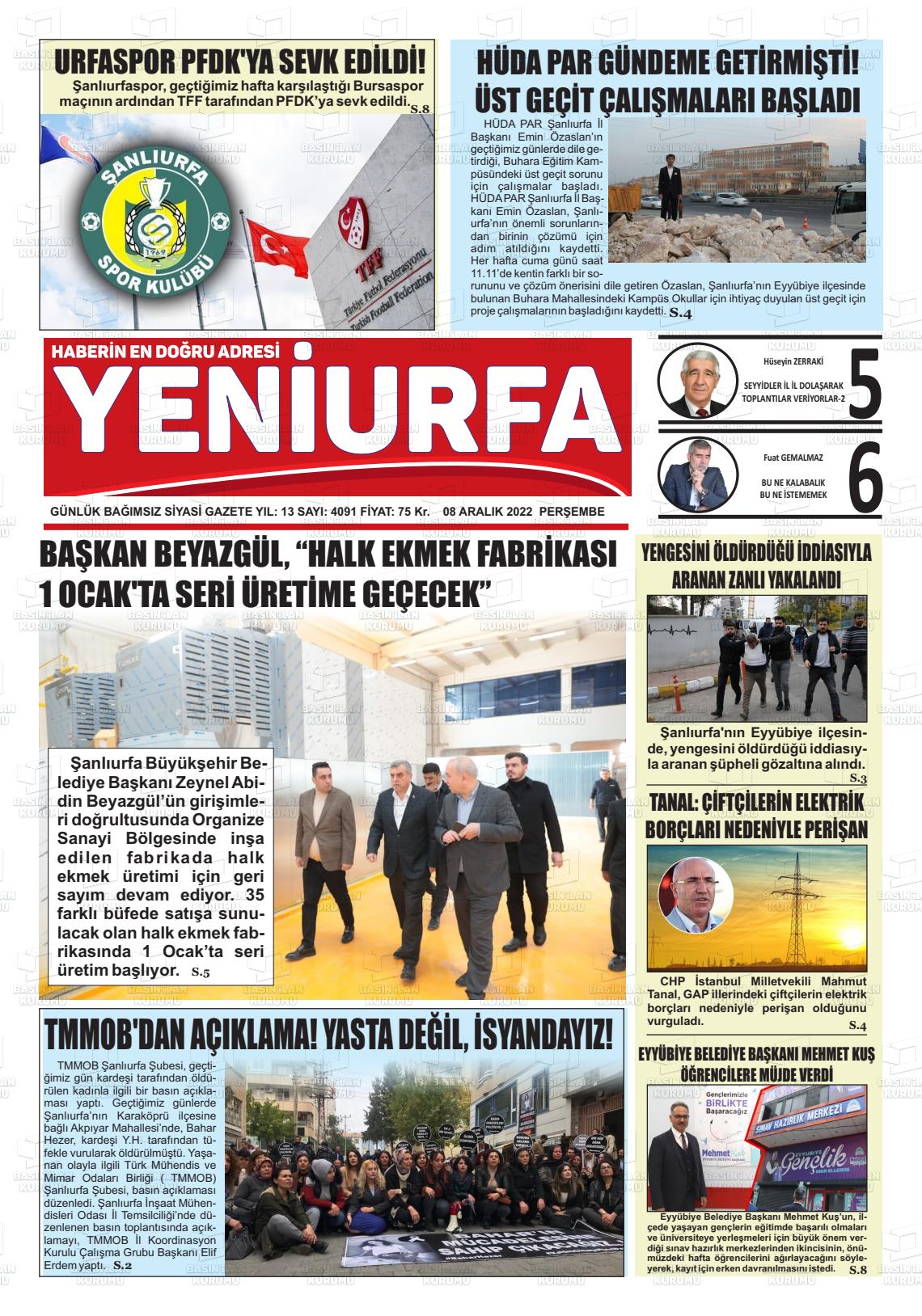 08 Aralık 2022 Yeni Urfa Gazete Manşeti