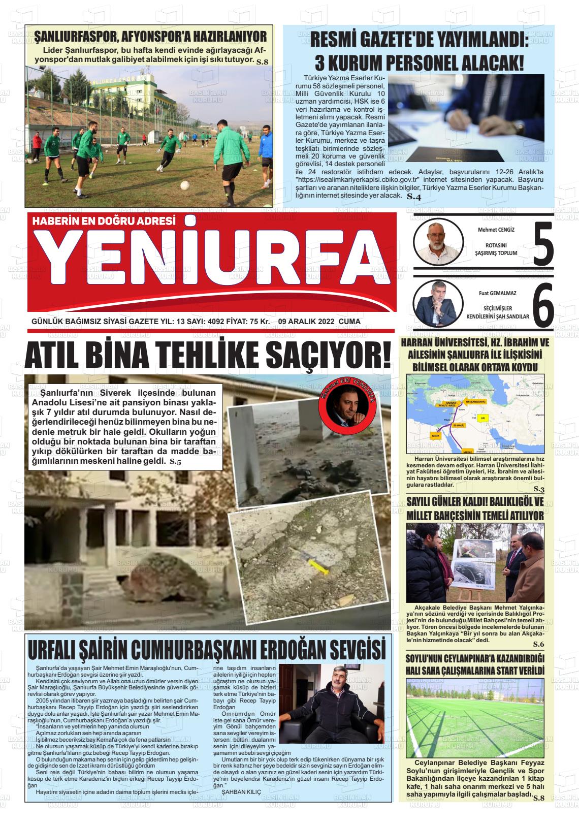 09 Aralık 2022 Yeni Urfa Gazete Manşeti