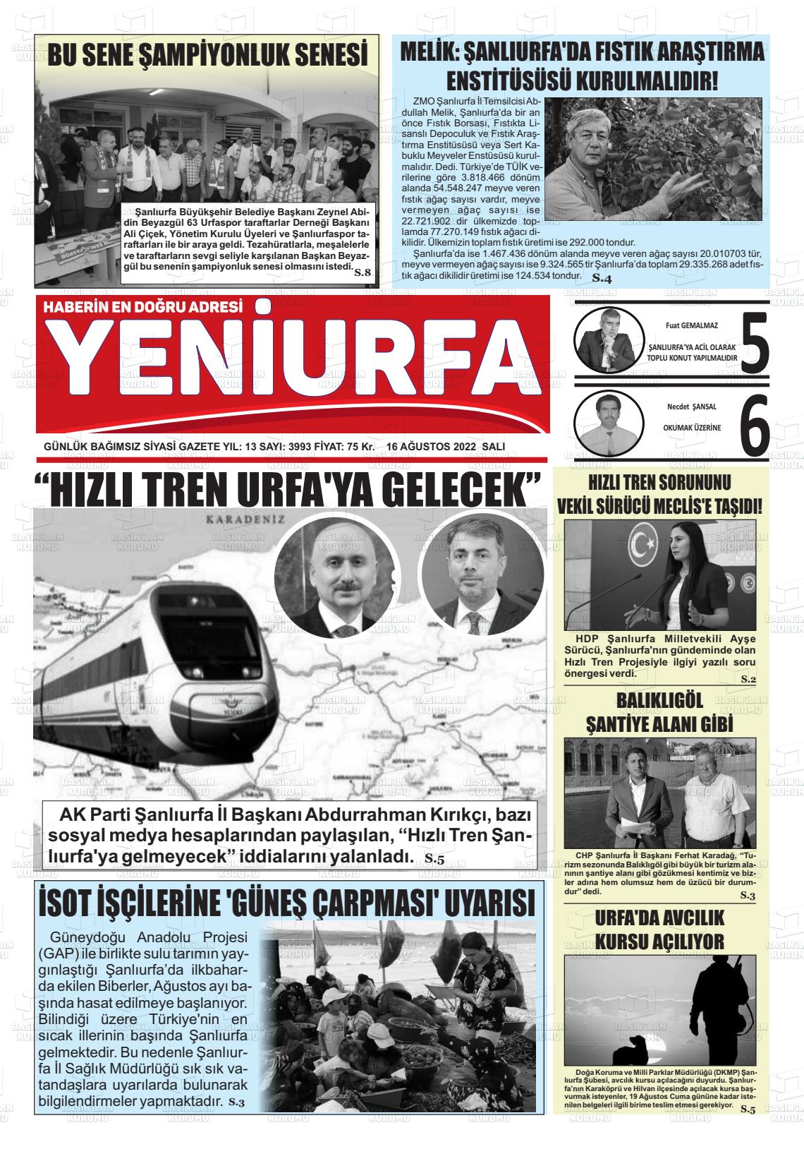 16 Ağustos 2022 Yeni Urfa Gazete Manşeti