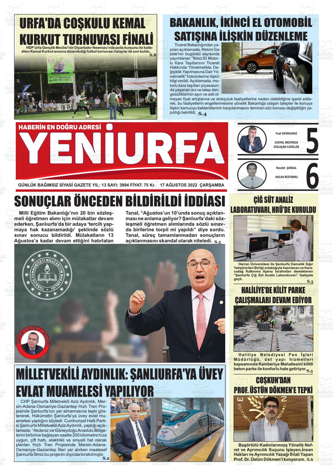 17 Ağustos 2022 Yeni Urfa Gazete Manşeti