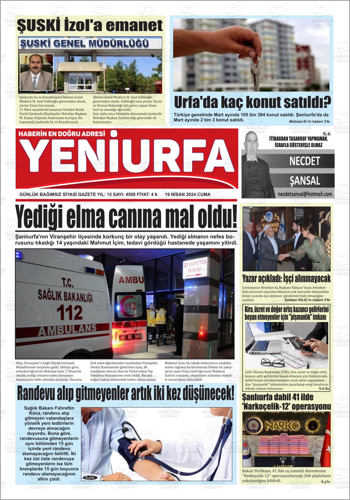 19 Nisan 2024 Yeni Urfa Gazete Manşeti