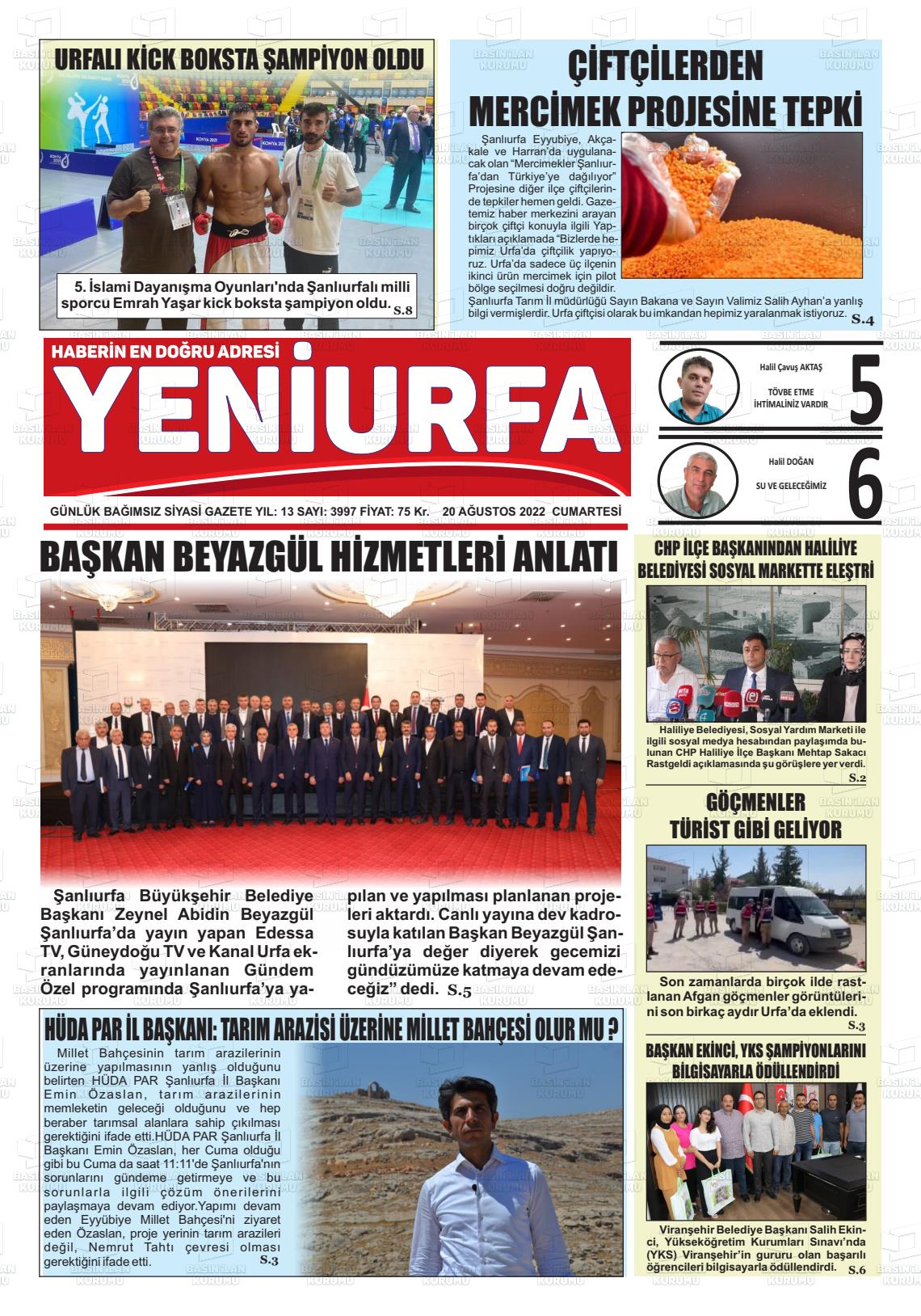 20 Ağustos 2022 Yeni Urfa Gazete Manşeti