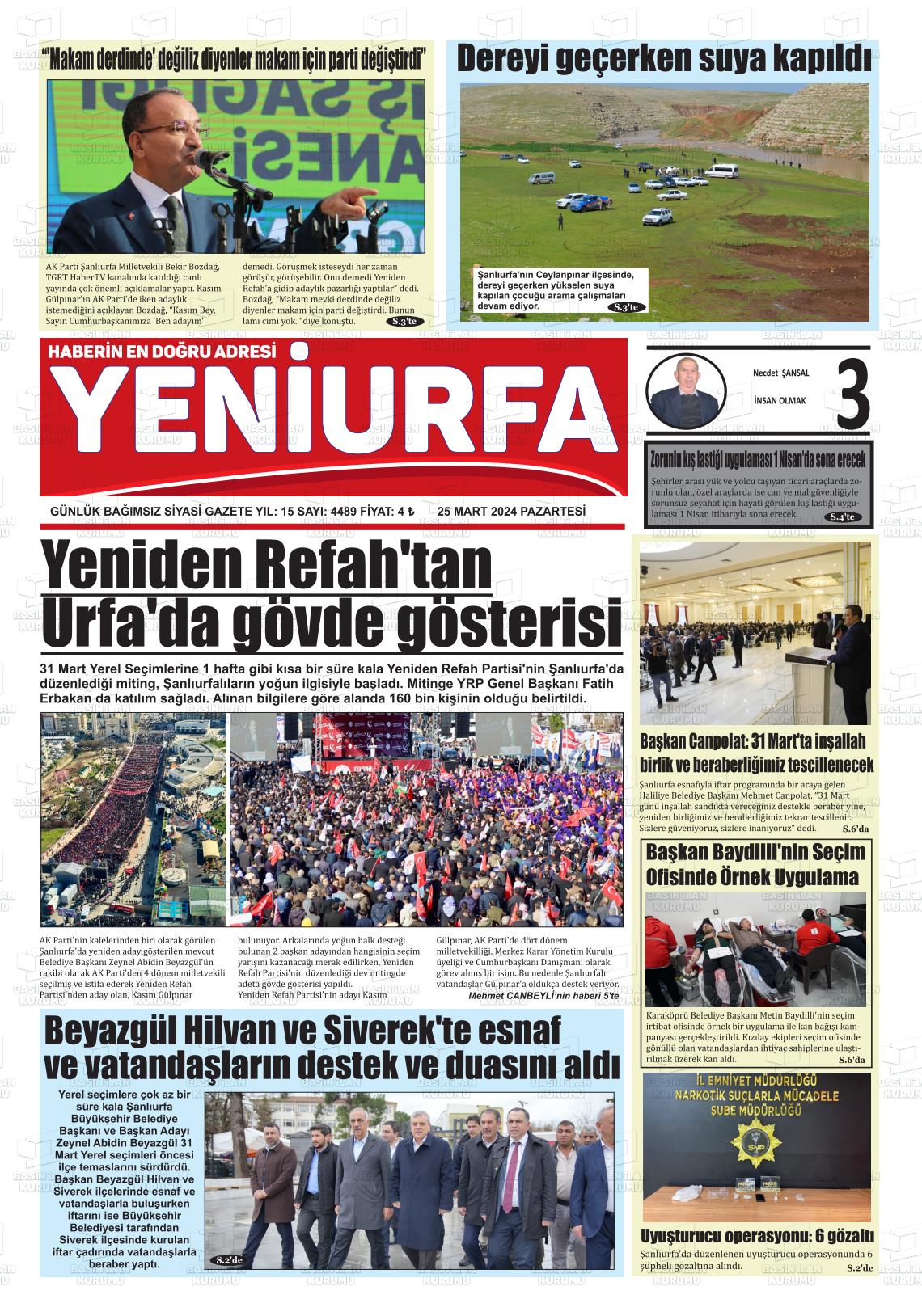 25 Mart 2024 Yeni Urfa Gazete Manşeti