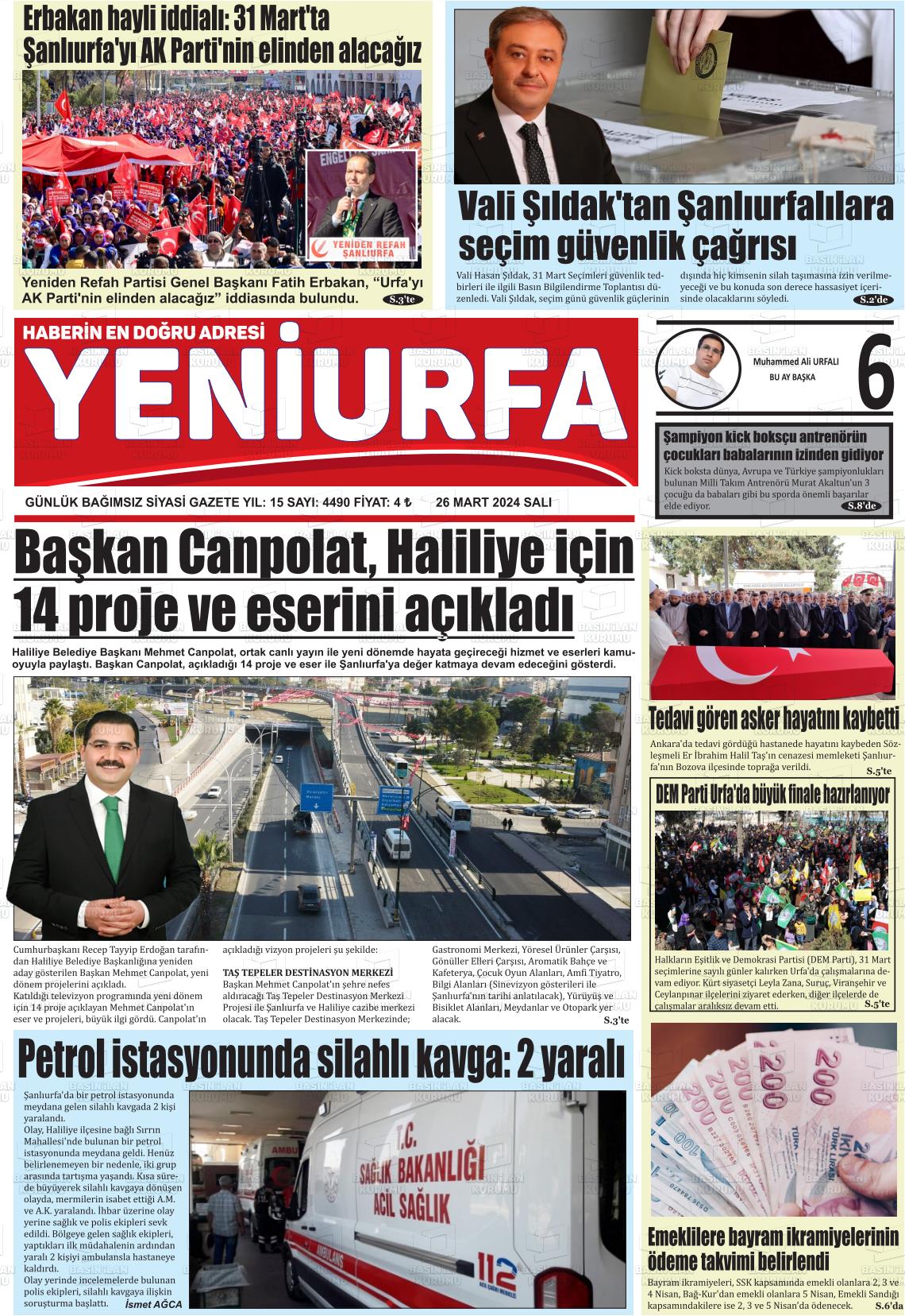 26 Mart 2024 Yeni Urfa Gazete Manşeti