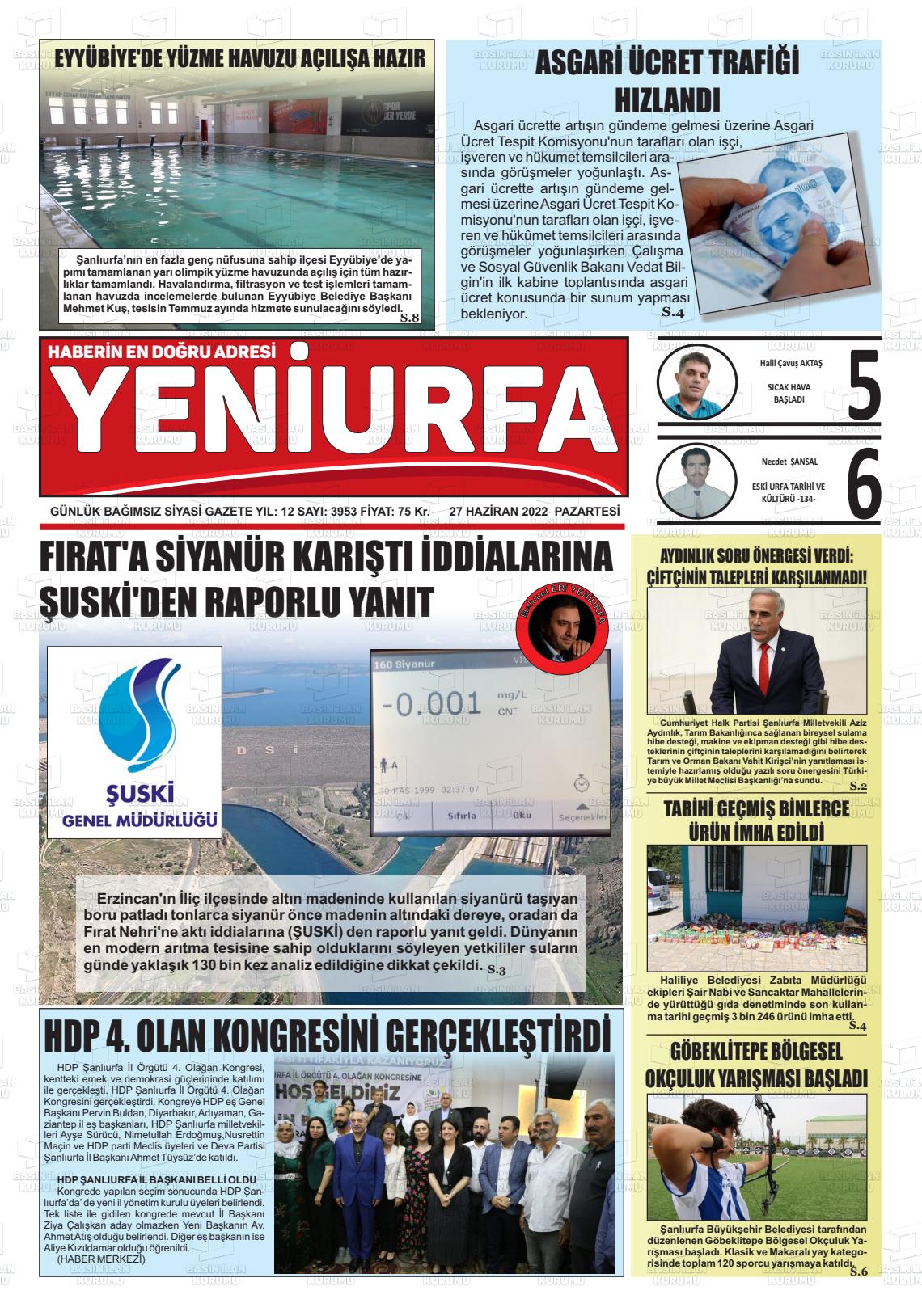 27 Haziran 2022 Yeni Urfa Gazete Manşeti