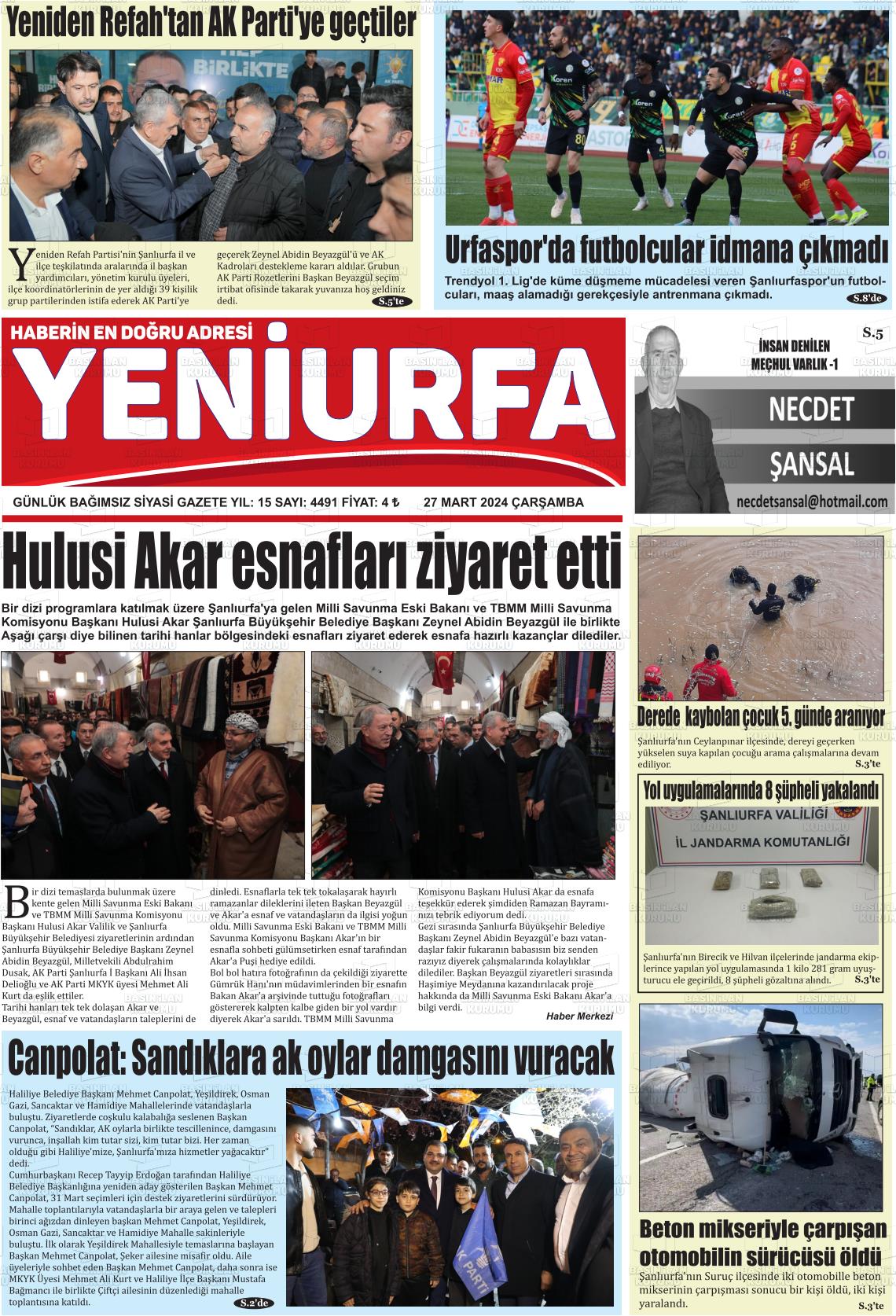 27 Mart 2024 Yeni Urfa Gazete Manşeti