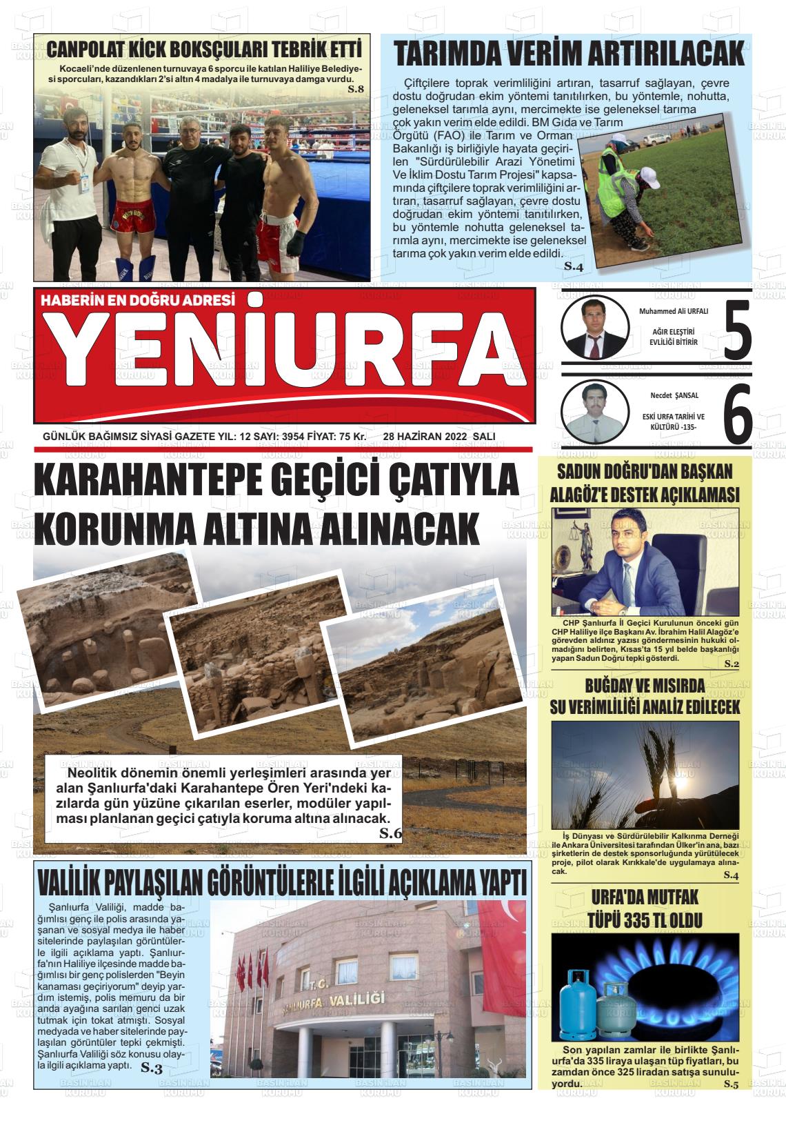 28 Haziran 2022 Yeni Urfa Gazete Manşeti