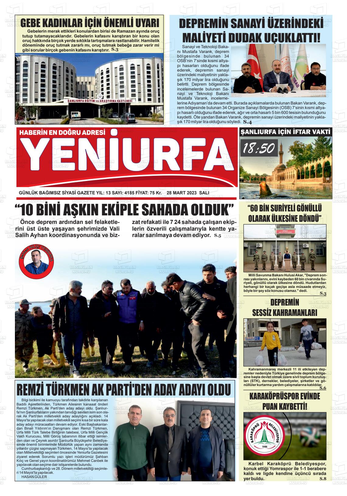 28 Mart 2023 Yeni Urfa Gazete Manşeti