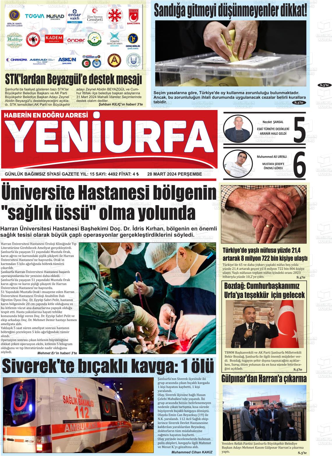 28 Mart 2024 Yeni Urfa Gazete Manşeti