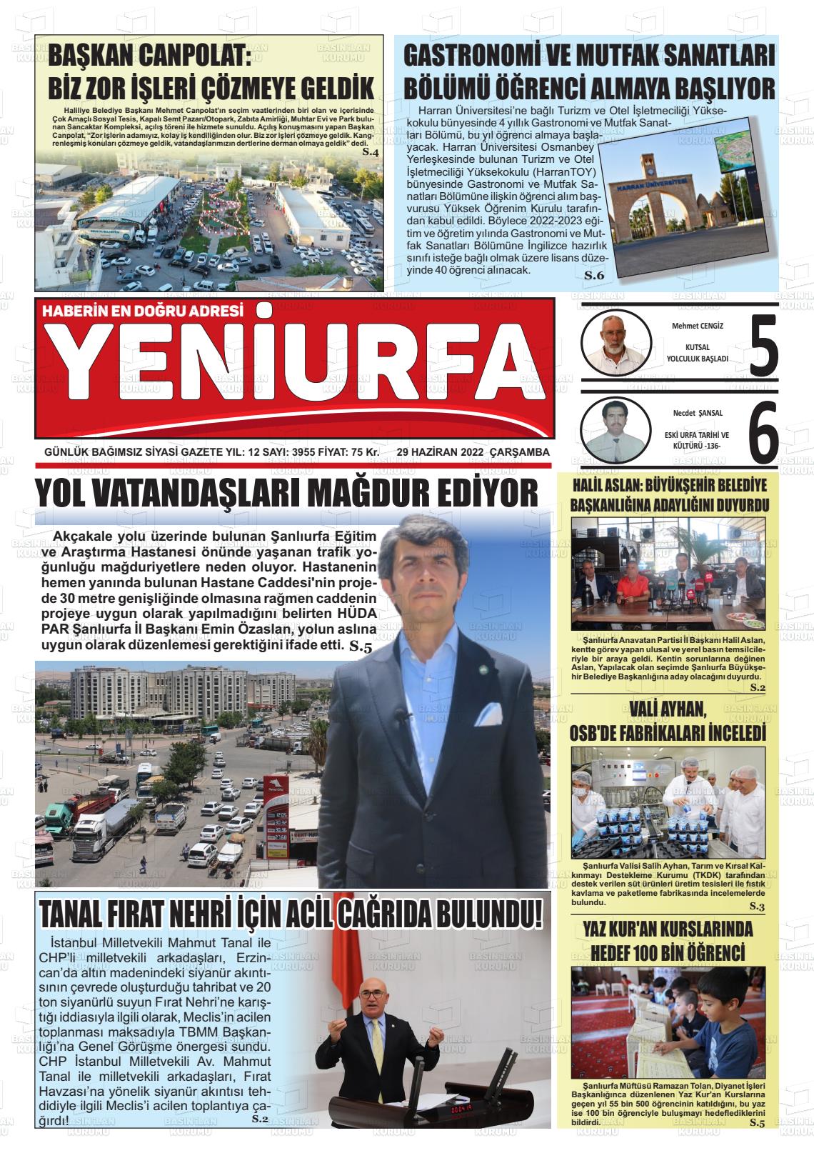 29 Haziran 2022 Yeni Urfa Gazete Manşeti