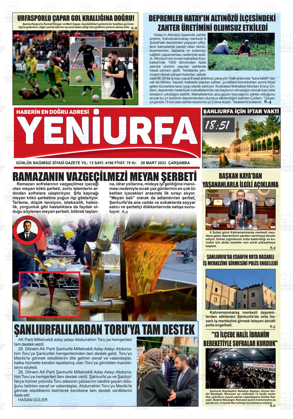 29 Mart 2023 Yeni Urfa Gazete Manşeti