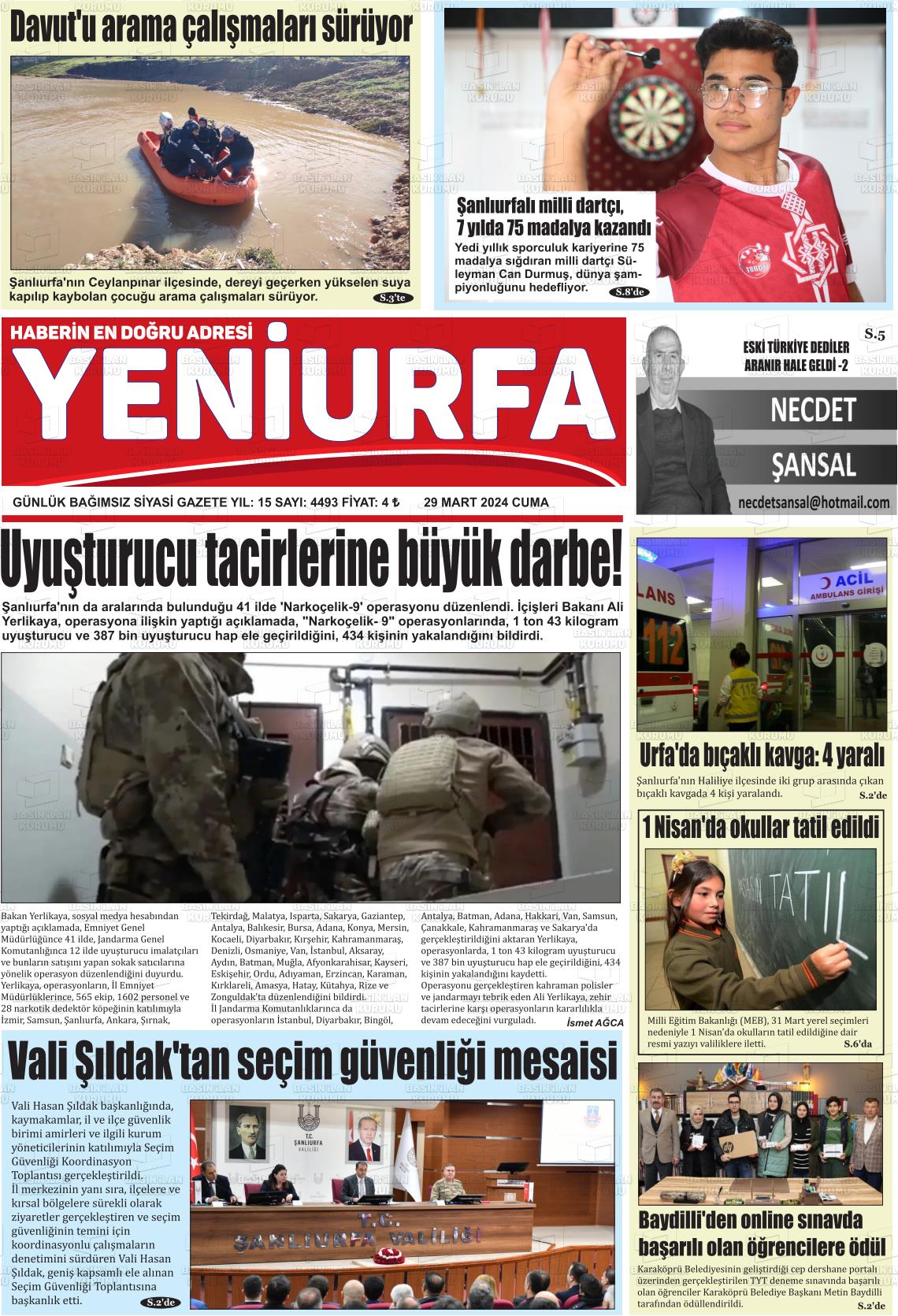 29 Mart 2024 Yeni Urfa Gazete Manşeti