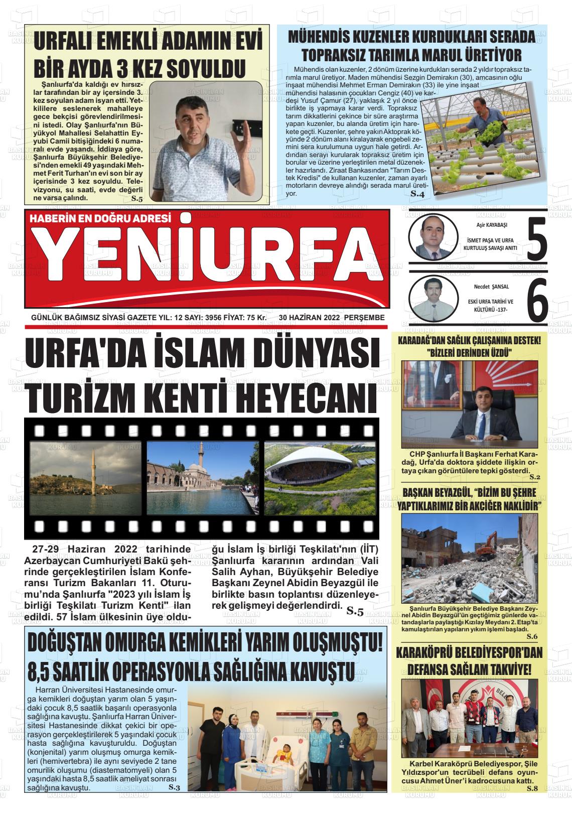 30 Haziran 2022 Yeni Urfa Gazete Manşeti