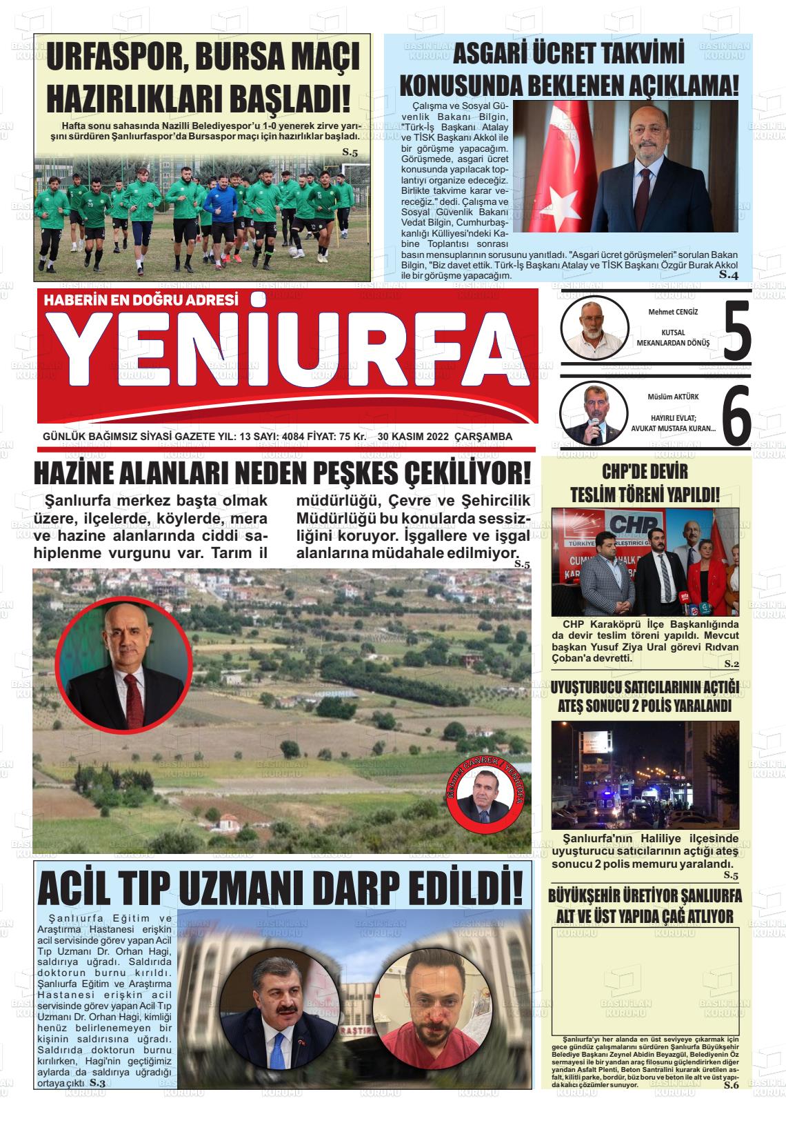 30 Kasım 2022 Yeni Urfa Gazete Manşeti