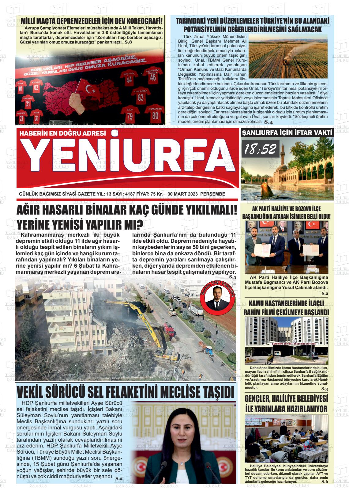 30 Mart 2023 Yeni Urfa Gazete Manşeti