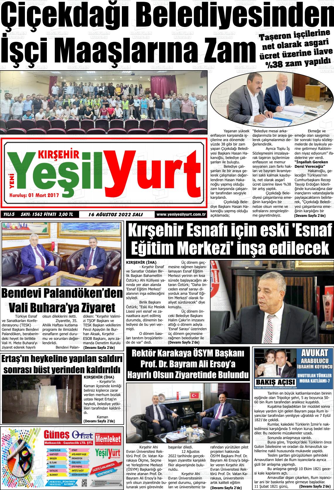 16 Ağustos 2022 Yeni Yeşilyurt Gazete Manşeti