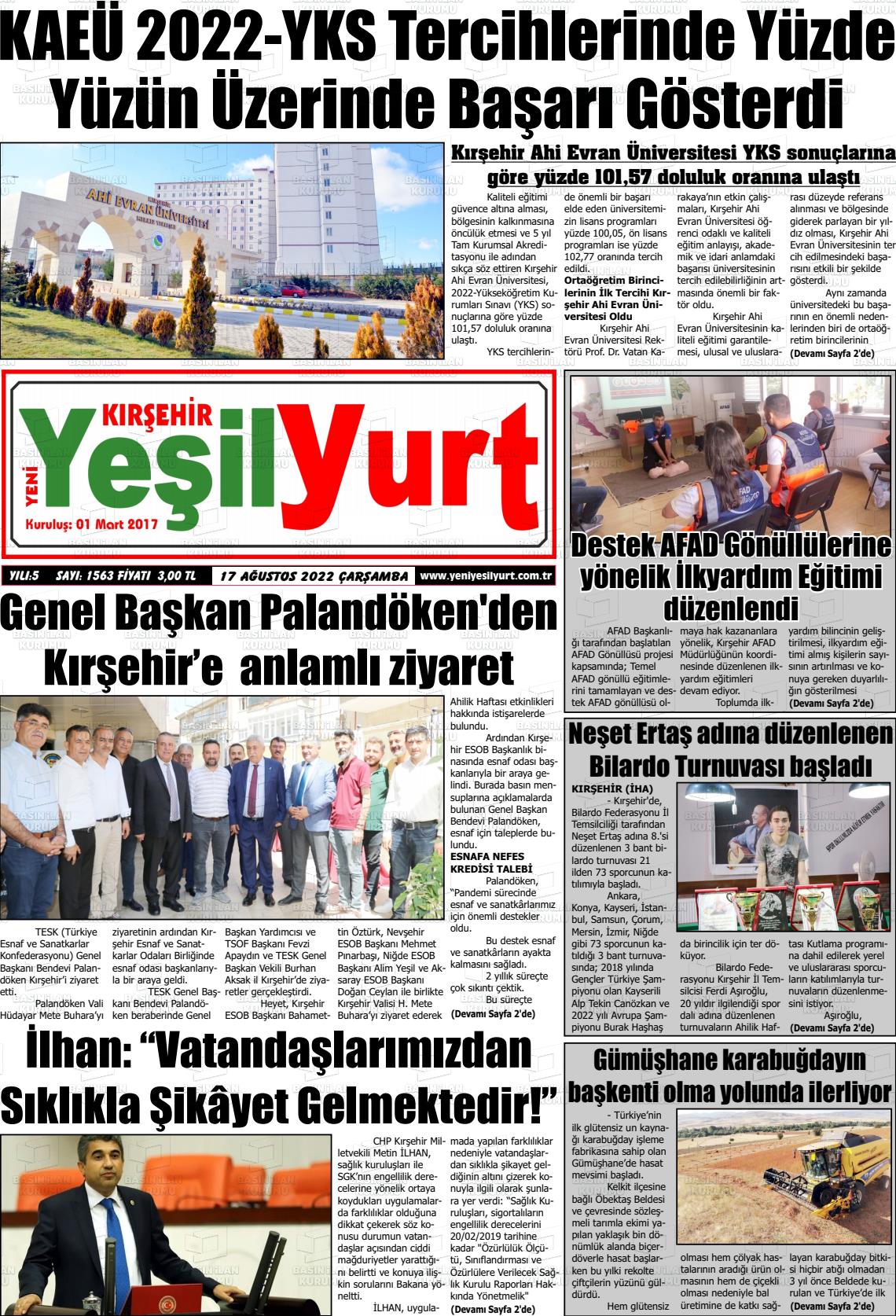 17 Ağustos 2022 Yeni Yeşilyurt Gazete Manşeti