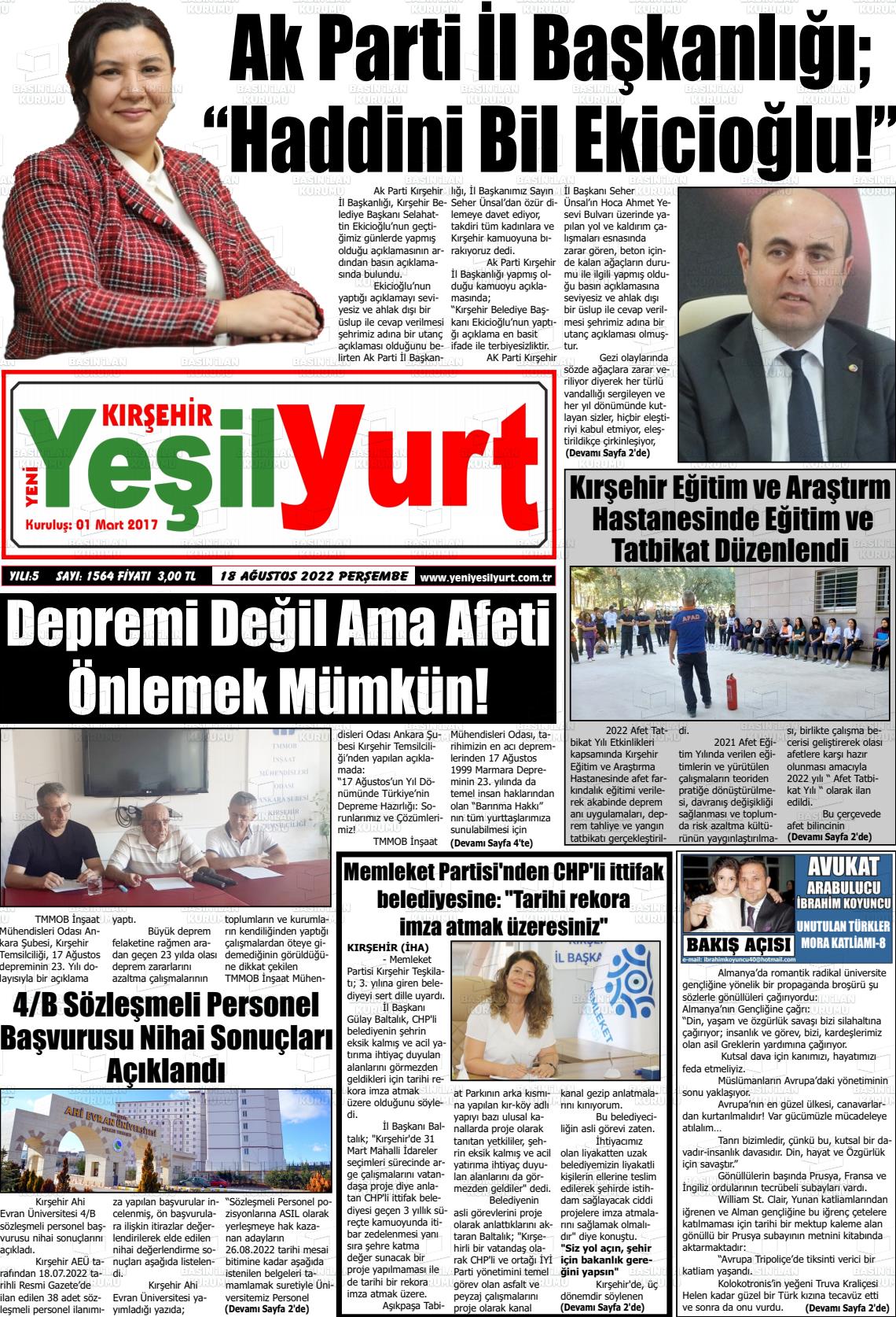 18 Ağustos 2022 Yeni Yeşilyurt Gazete Manşeti