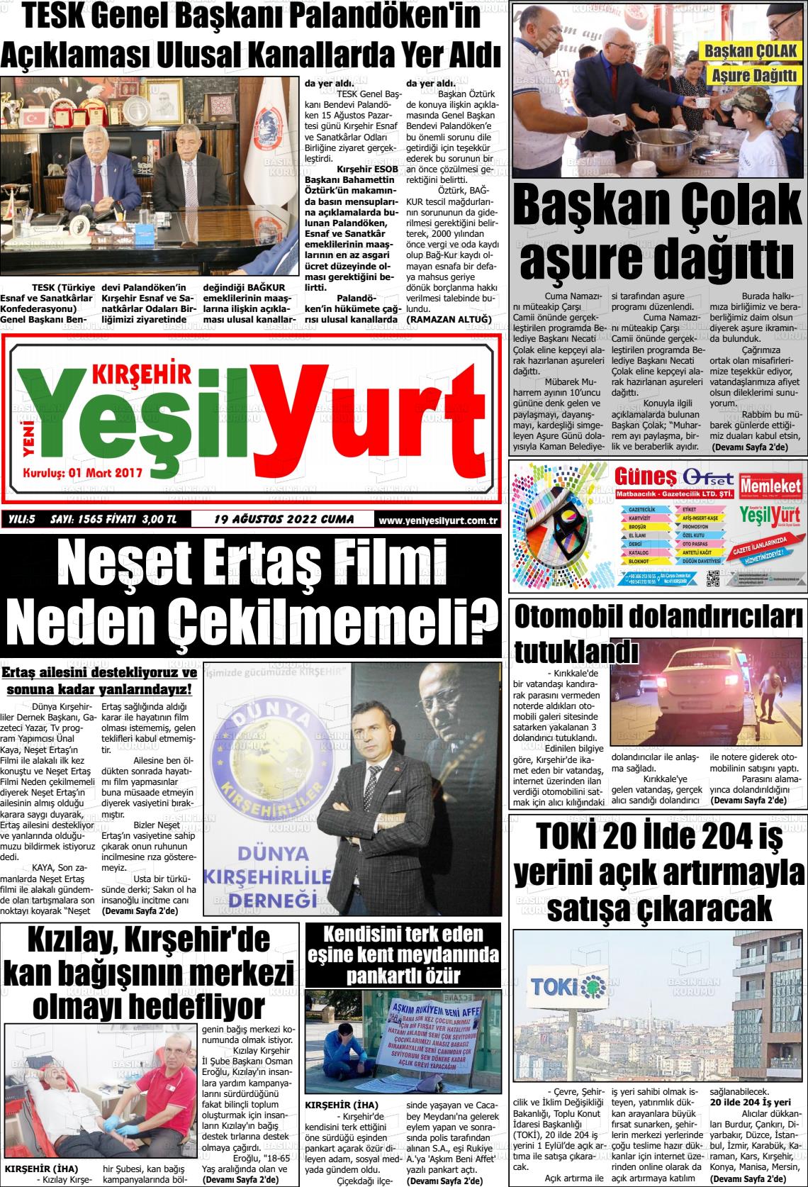 19 Ağustos 2022 Yeni Yeşilyurt Gazete Manşeti