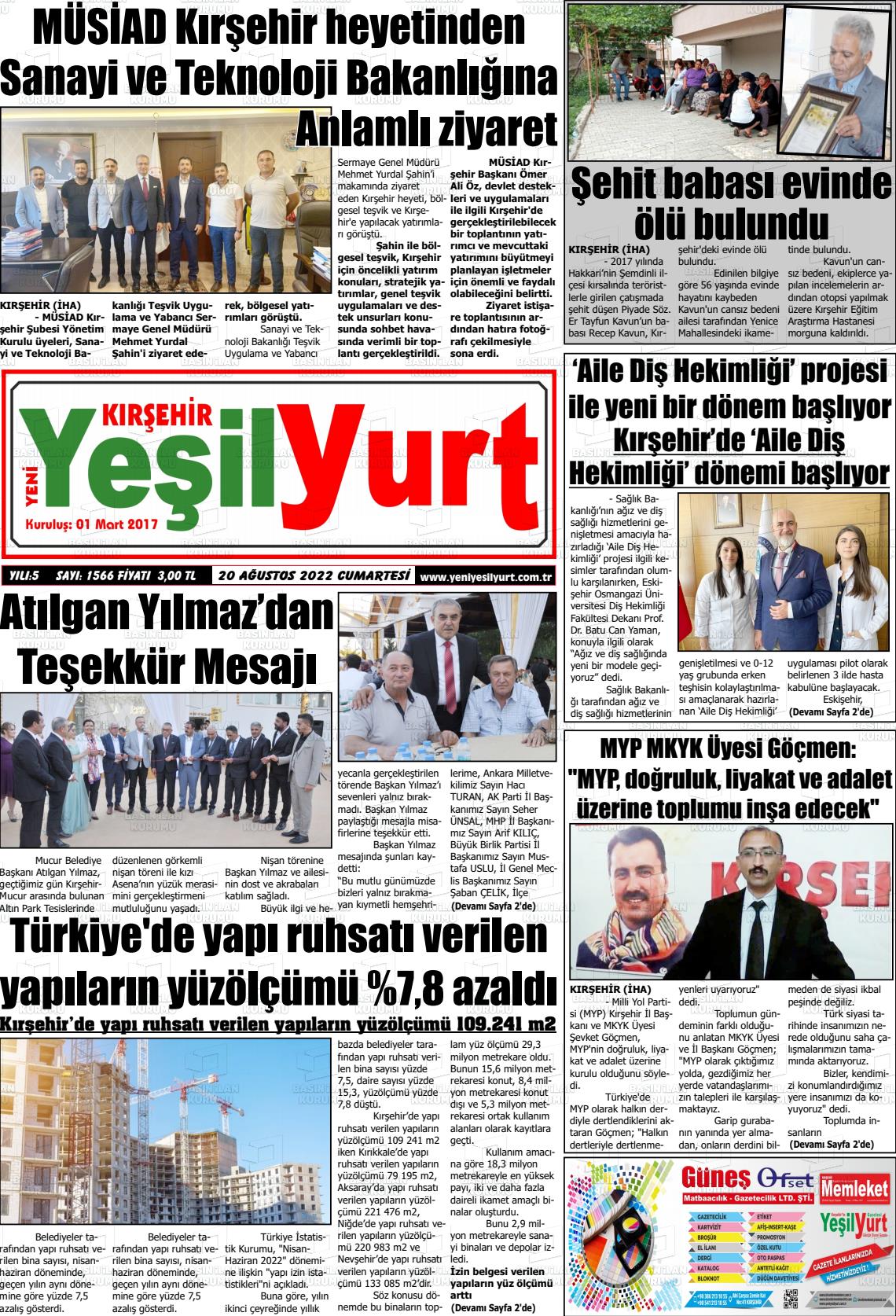 20 Ağustos 2022 Yeni Yeşilyurt Gazete Manşeti