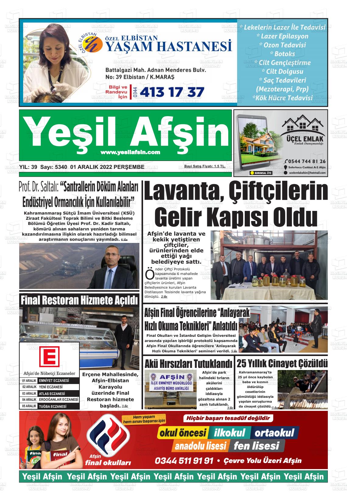 01 Aralık 2022 Yeşil Afşin Gazete Manşeti