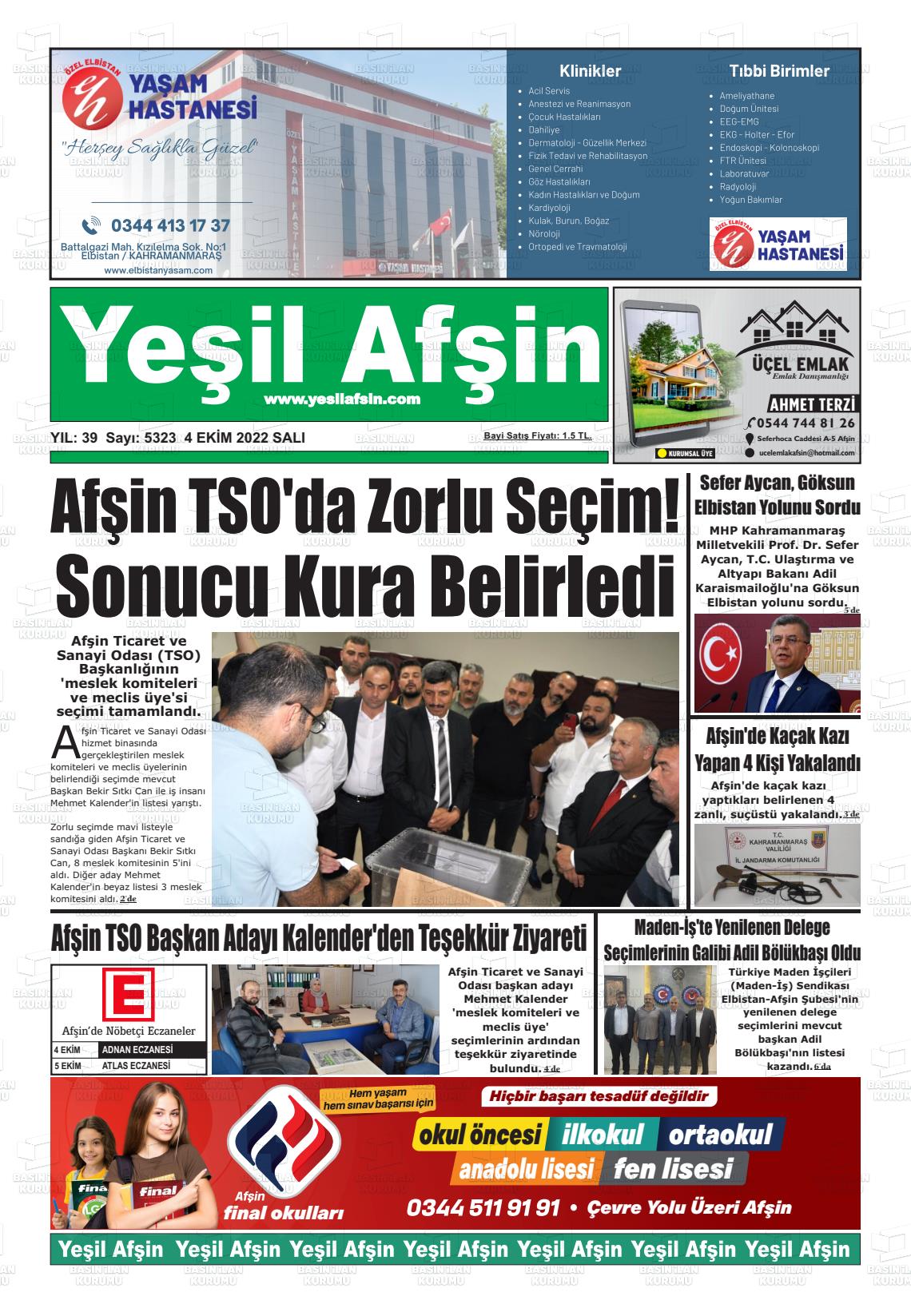 04 Ekim 2022 Yeşil Afşin Gazete Manşeti