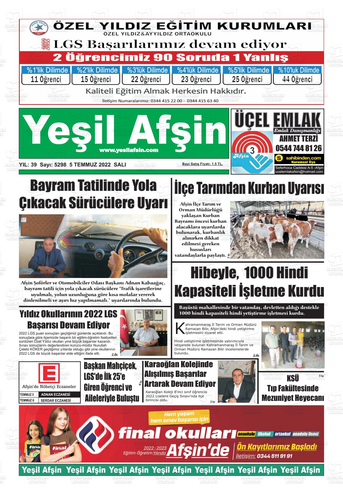 05 Temmuz 2022 Yeşil Afşin Gazete Manşeti