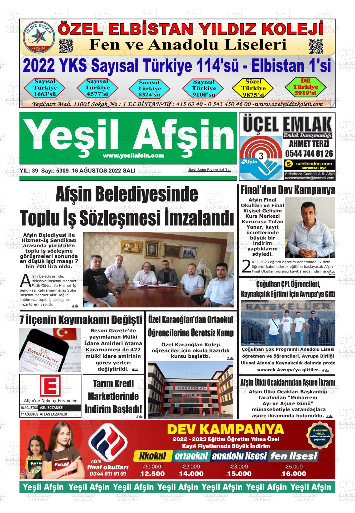 16 Ağustos 2022 Yeşil Afşin Gazete Manşeti