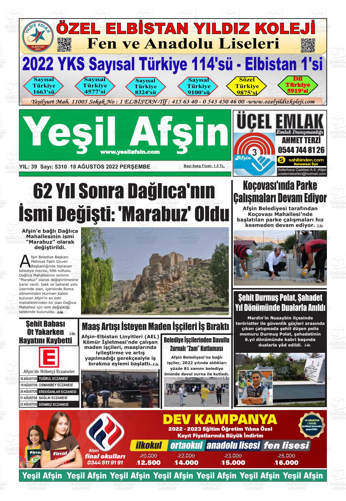 18 Ağustos 2022 Yeşil Afşin Gazete Manşeti
