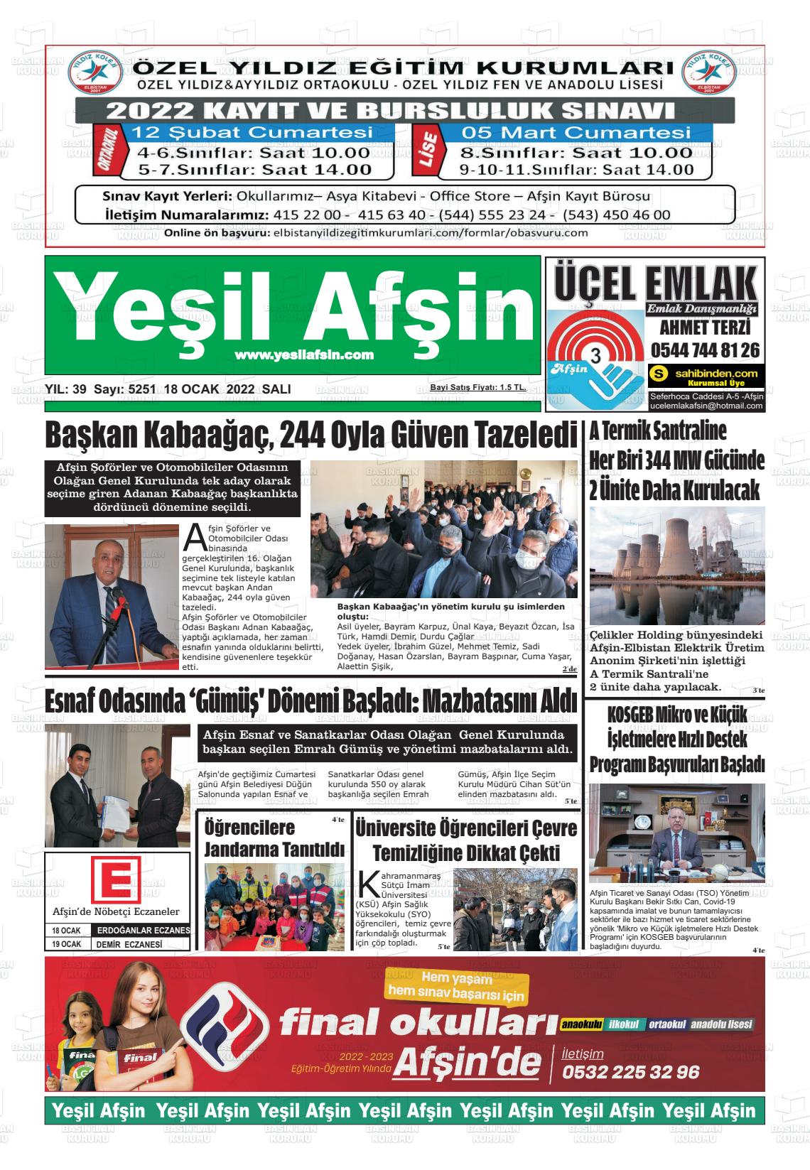 18 Ocak 2022 Yeşil Afşin Gazete Manşeti