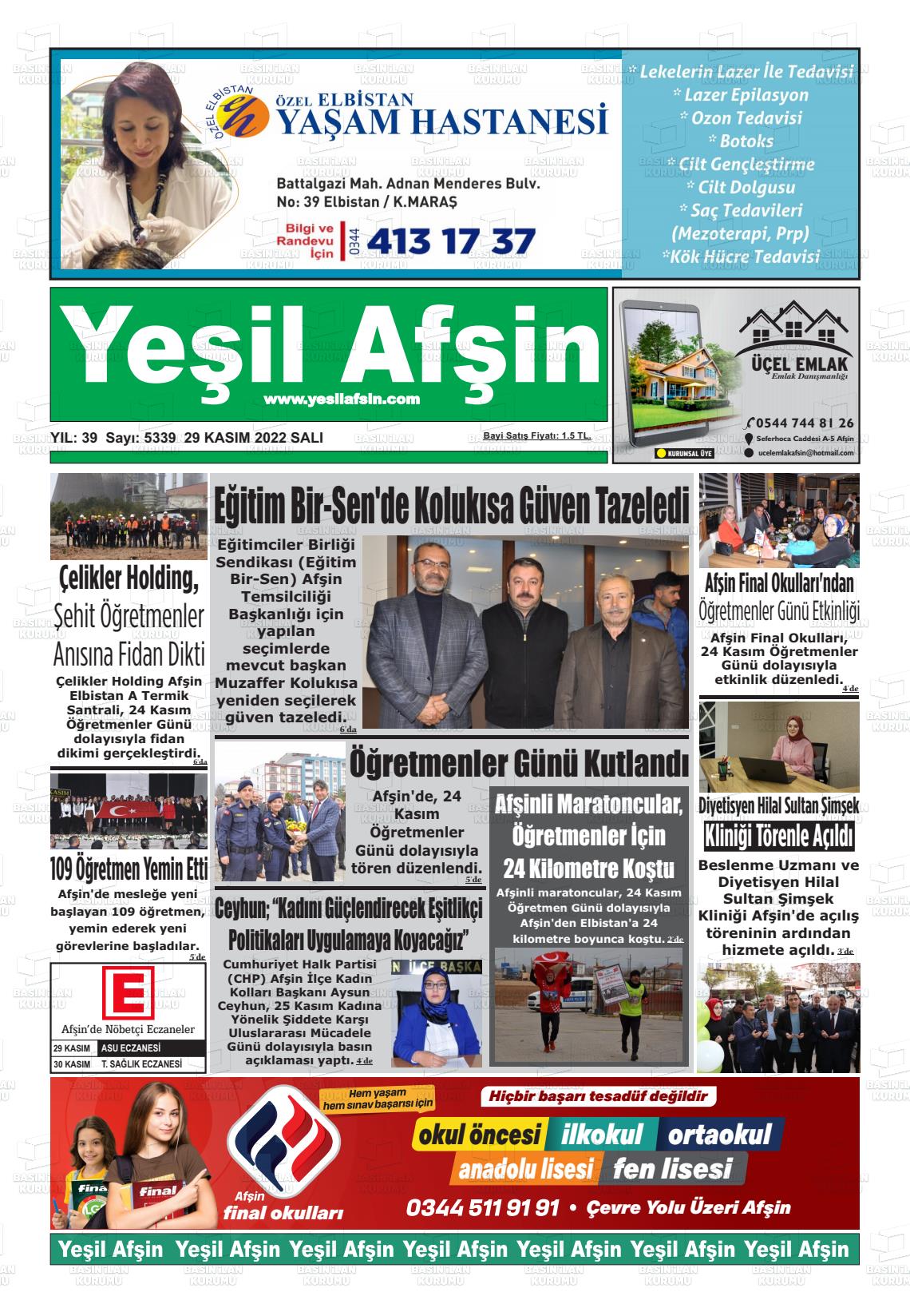 29 Kasım 2022 Yeşil Afşin Gazete Manşeti