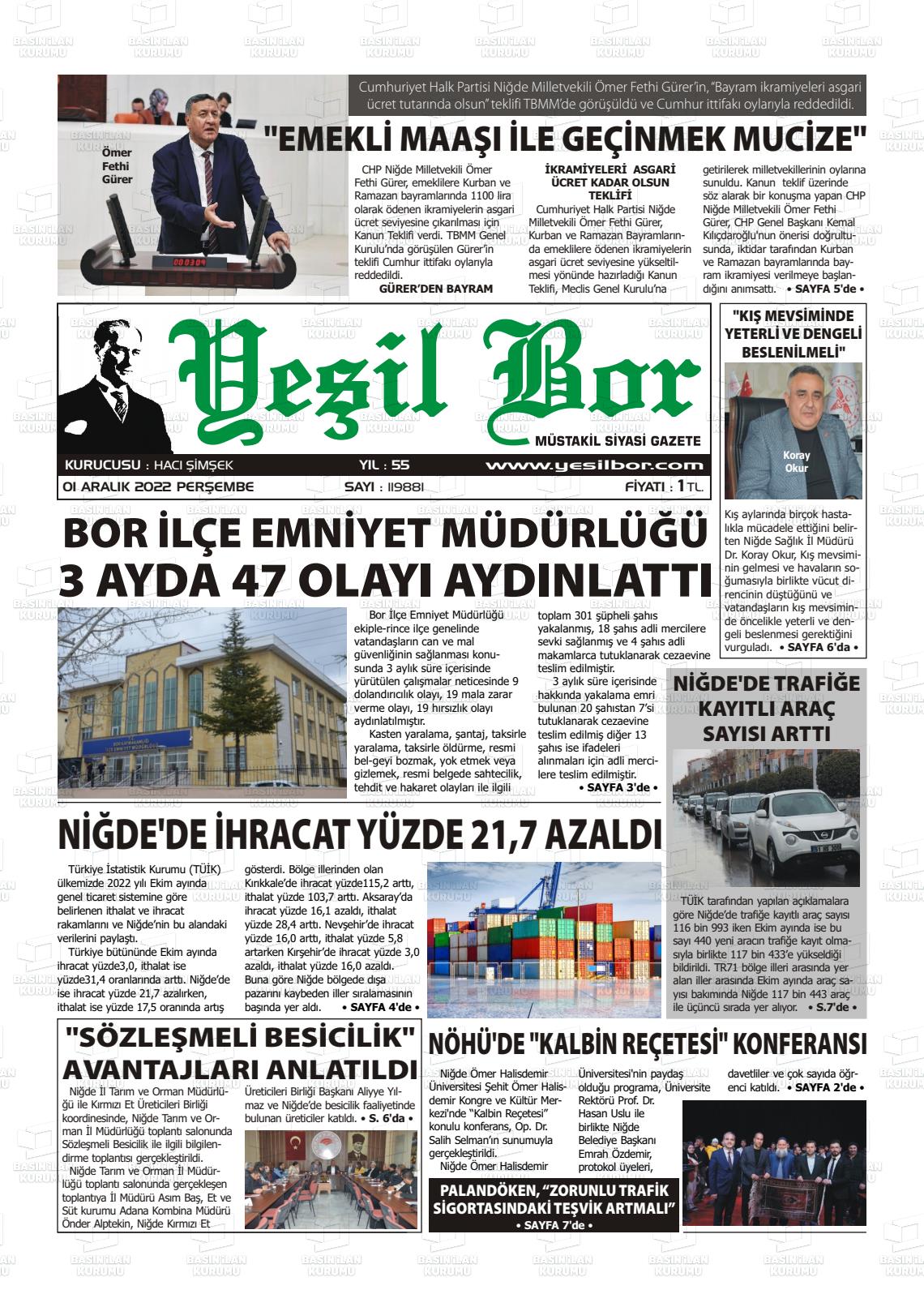 01 Aralık 2022 Yeşil Bor Gazete Manşeti