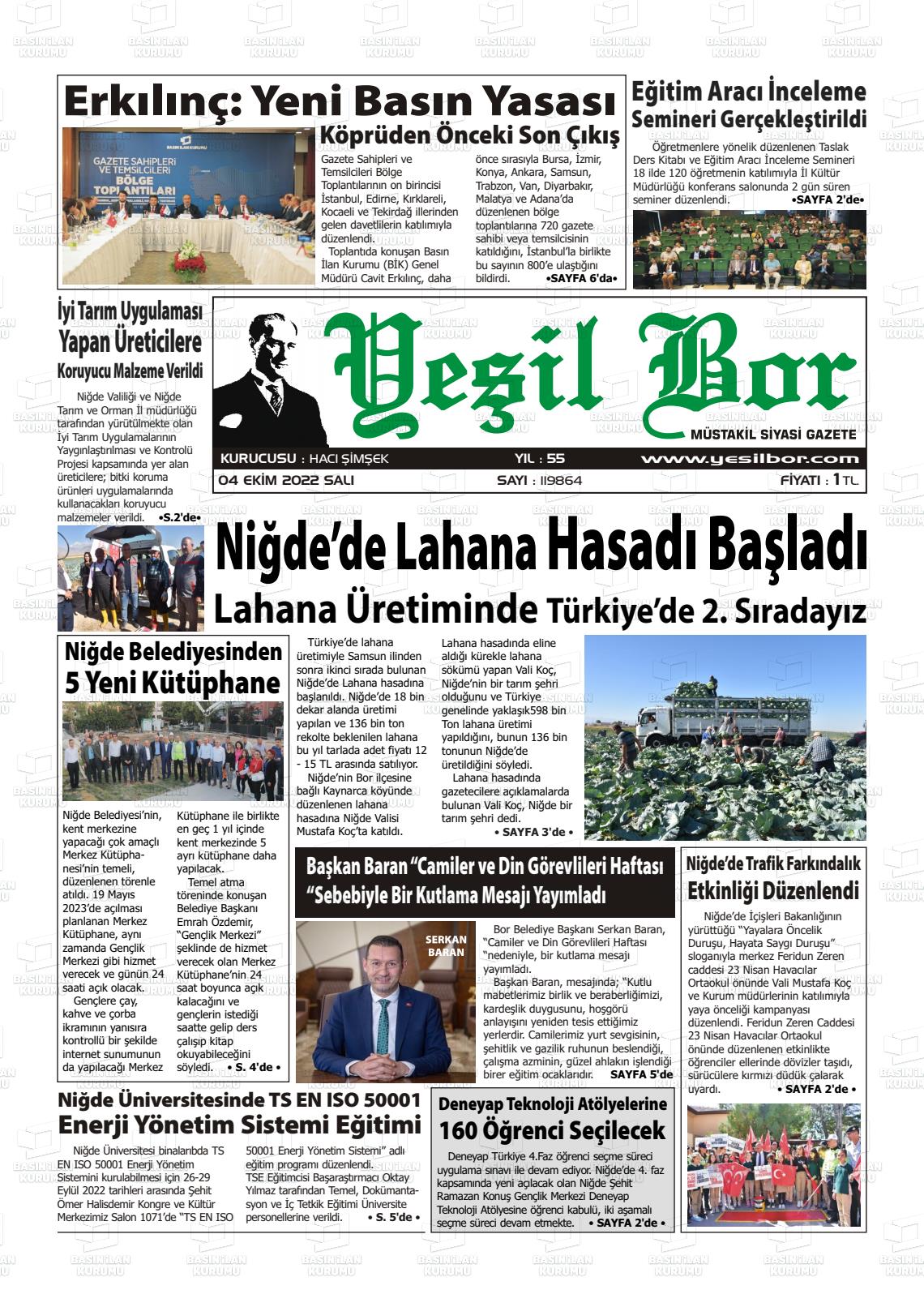 04 Ekim 2022 Yeşil Bor Gazete Manşeti