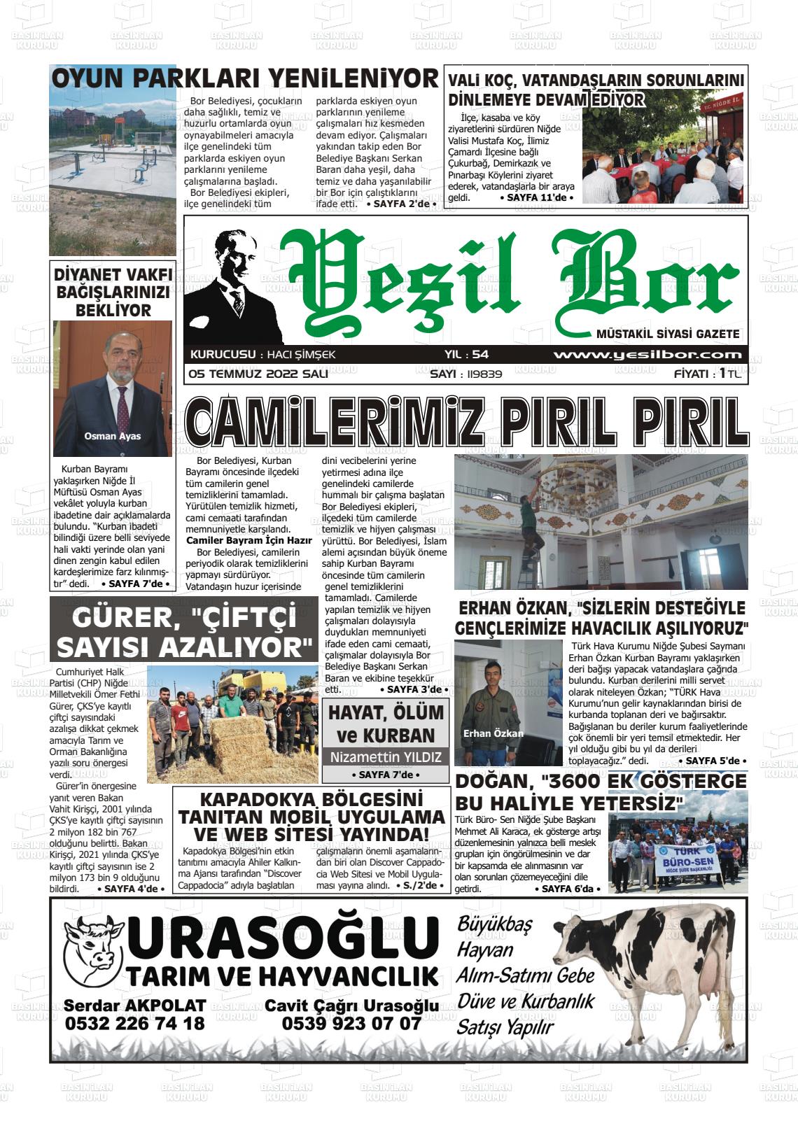 05 Temmuz 2022 Yeşil Bor Gazete Manşeti