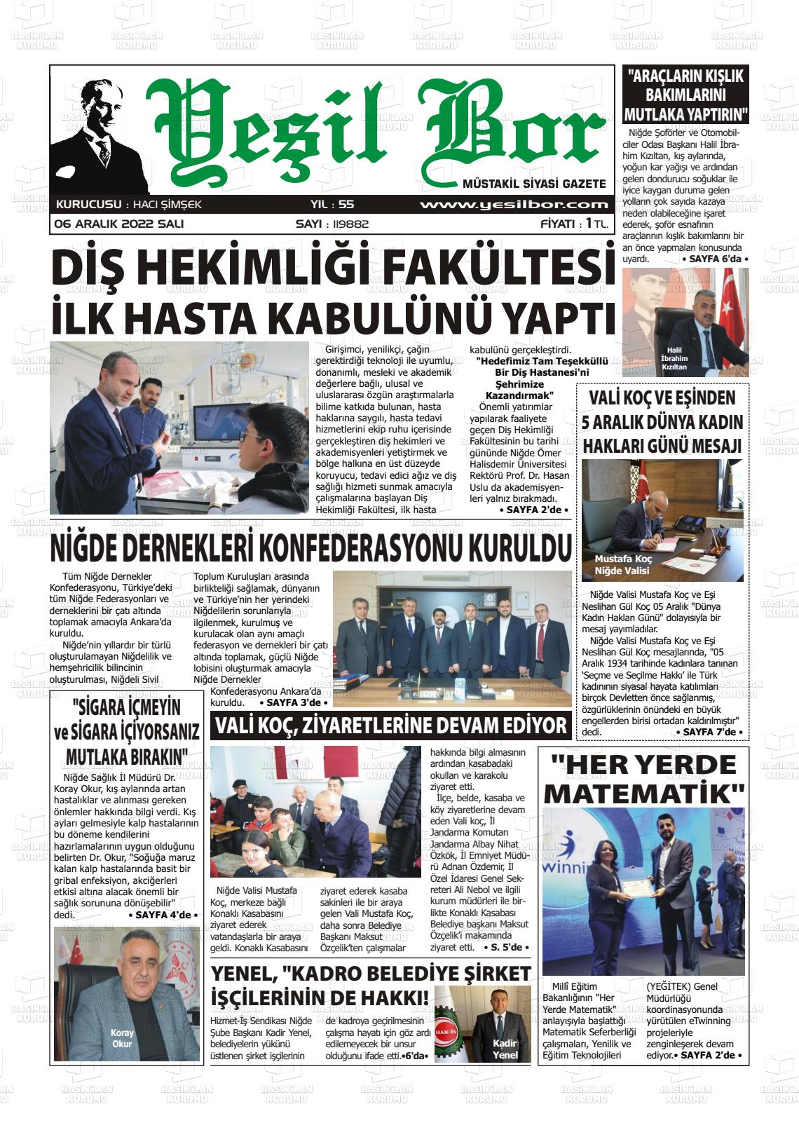 06 Aralık 2022 Yeşil Bor Gazete Manşeti