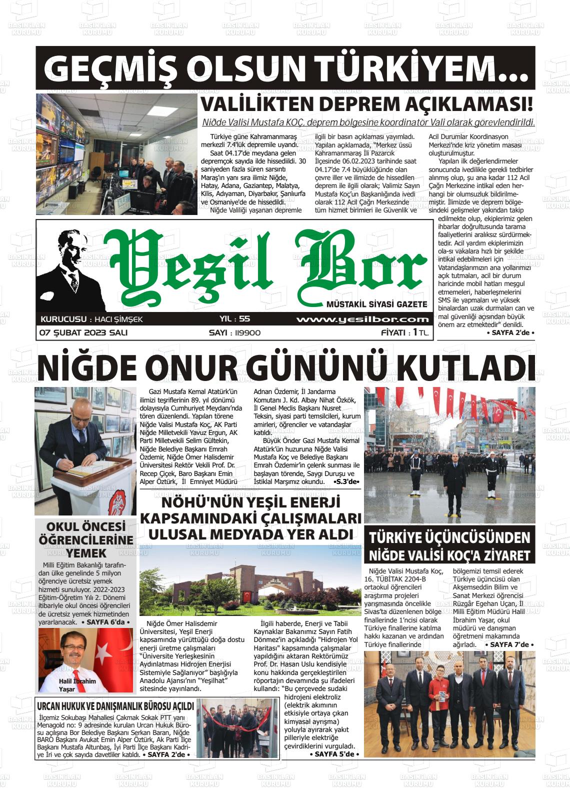 07 Şubat 2023 Yeşil Bor Gazete Manşeti