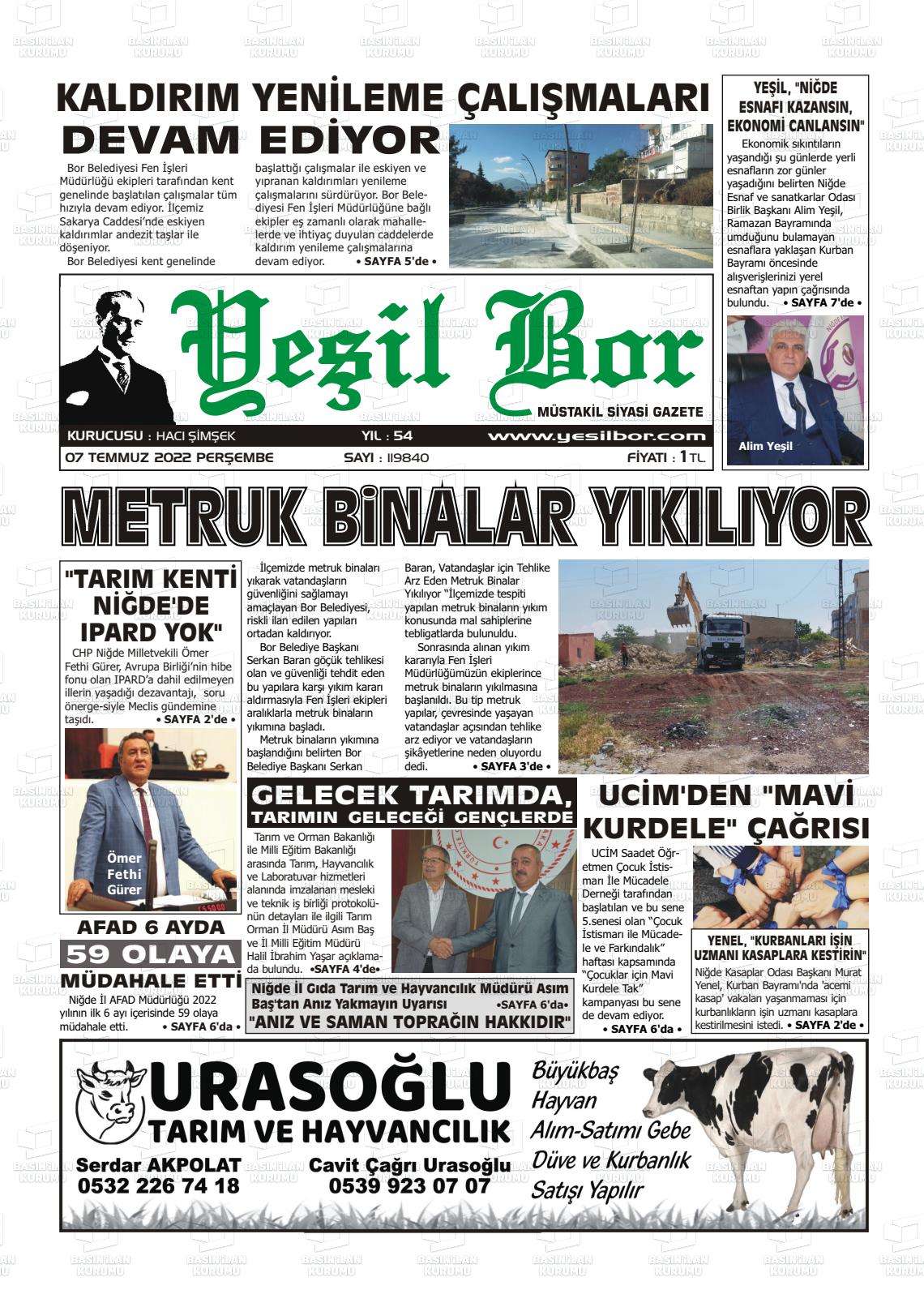 07 Temmuz 2022 Yeşil Bor Gazete Manşeti