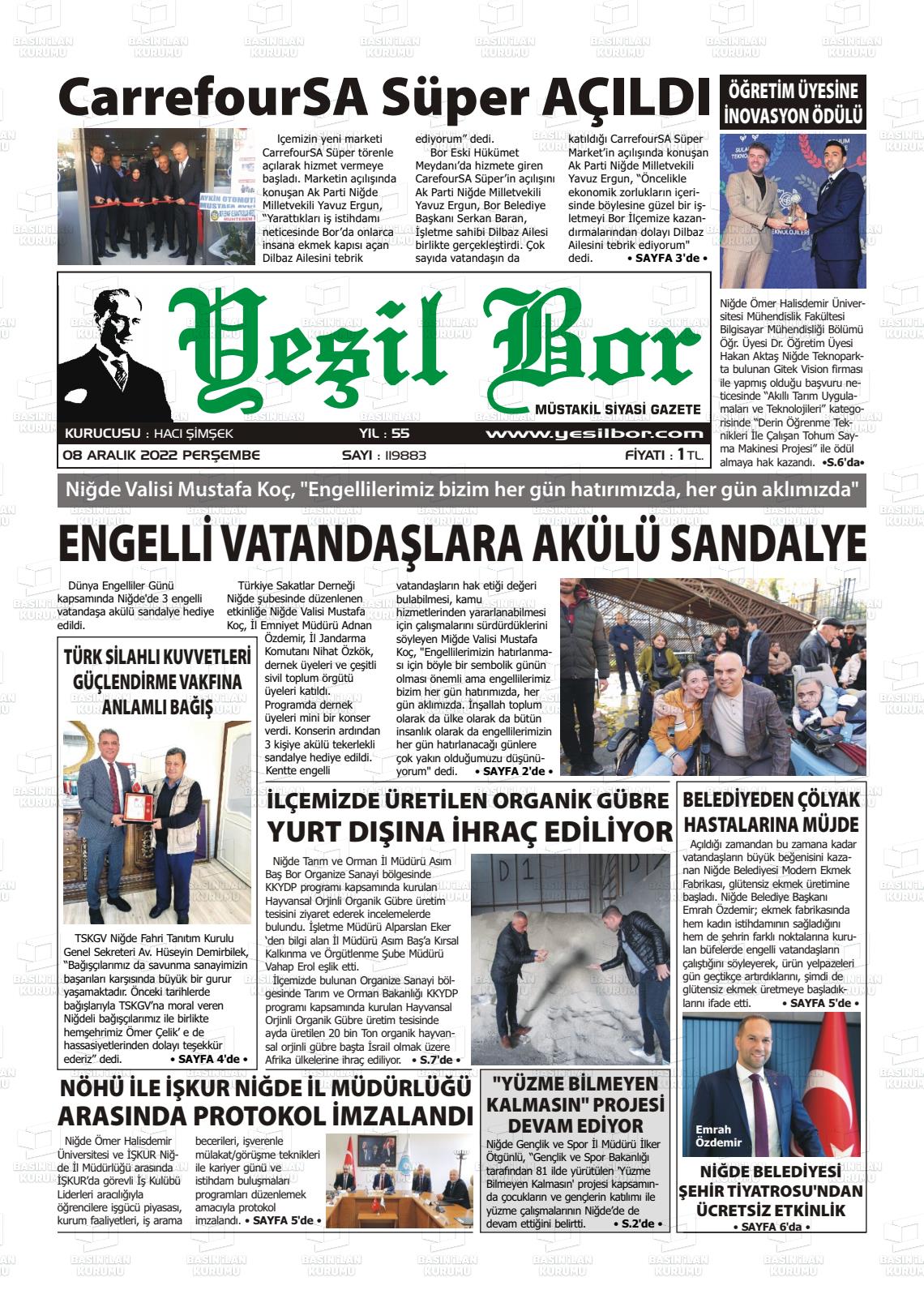 08 Aralık 2022 Yeşil Bor Gazete Manşeti