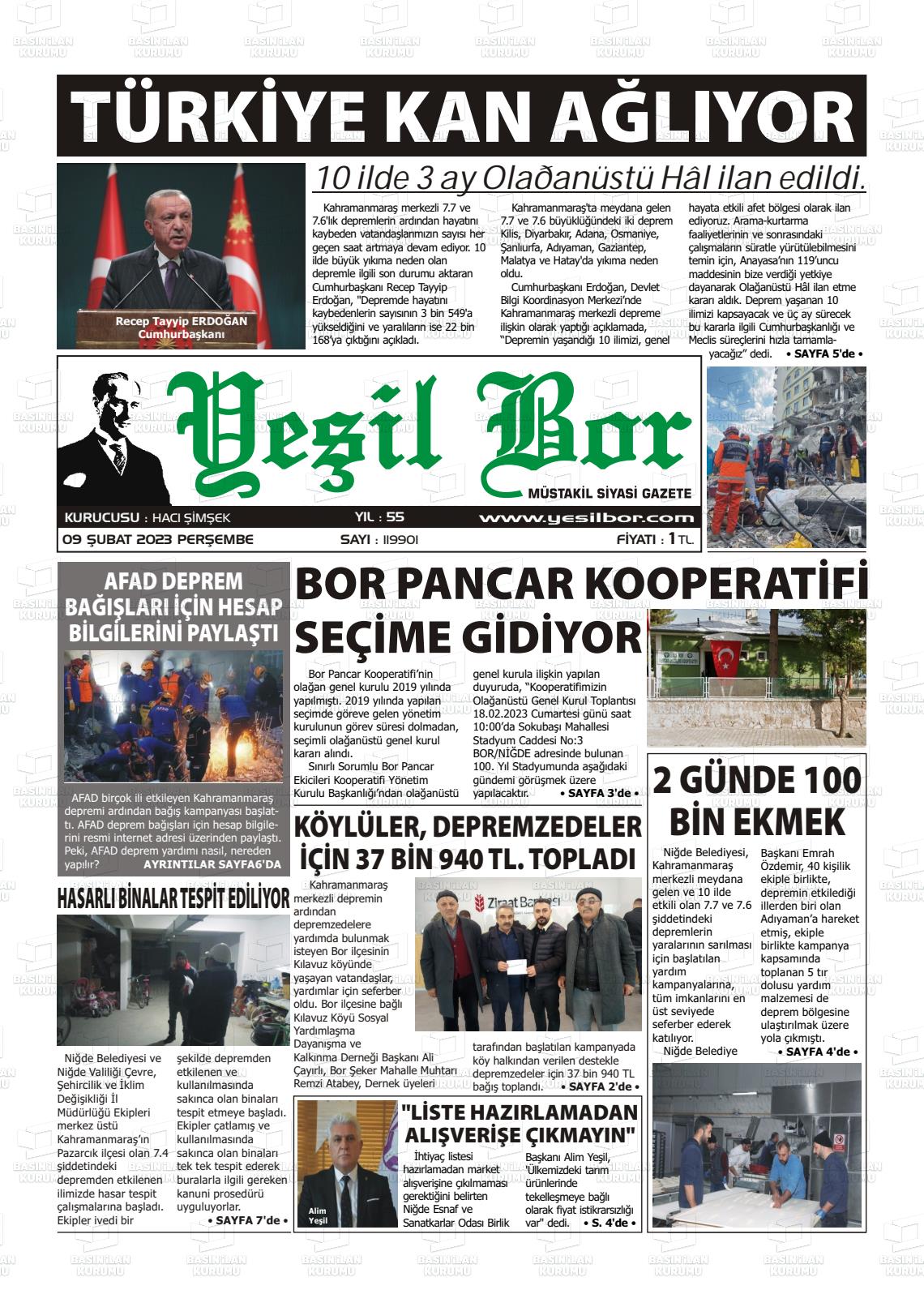 09 Şubat 2023 Yeşil Bor Gazete Manşeti