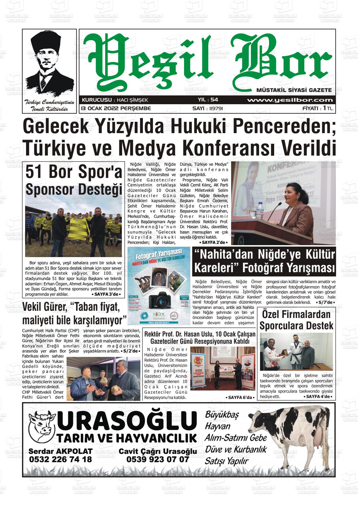 13 Ocak 2022 Yeşil Bor Gazete Manşeti