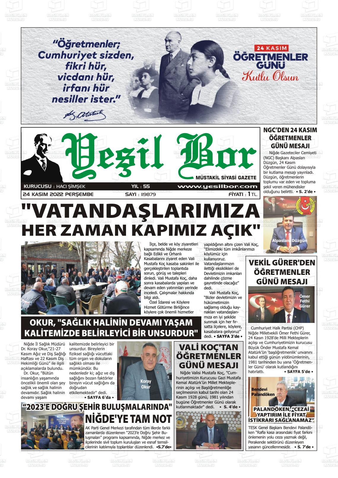 24 Kasım 2022 Yeşil Bor Gazete Manşeti
