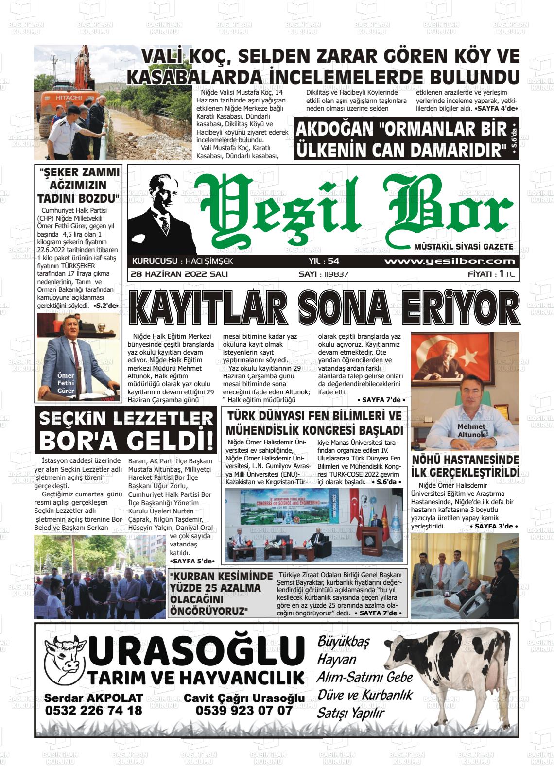 28 Haziran 2022 Yeşil Bor Gazete Manşeti