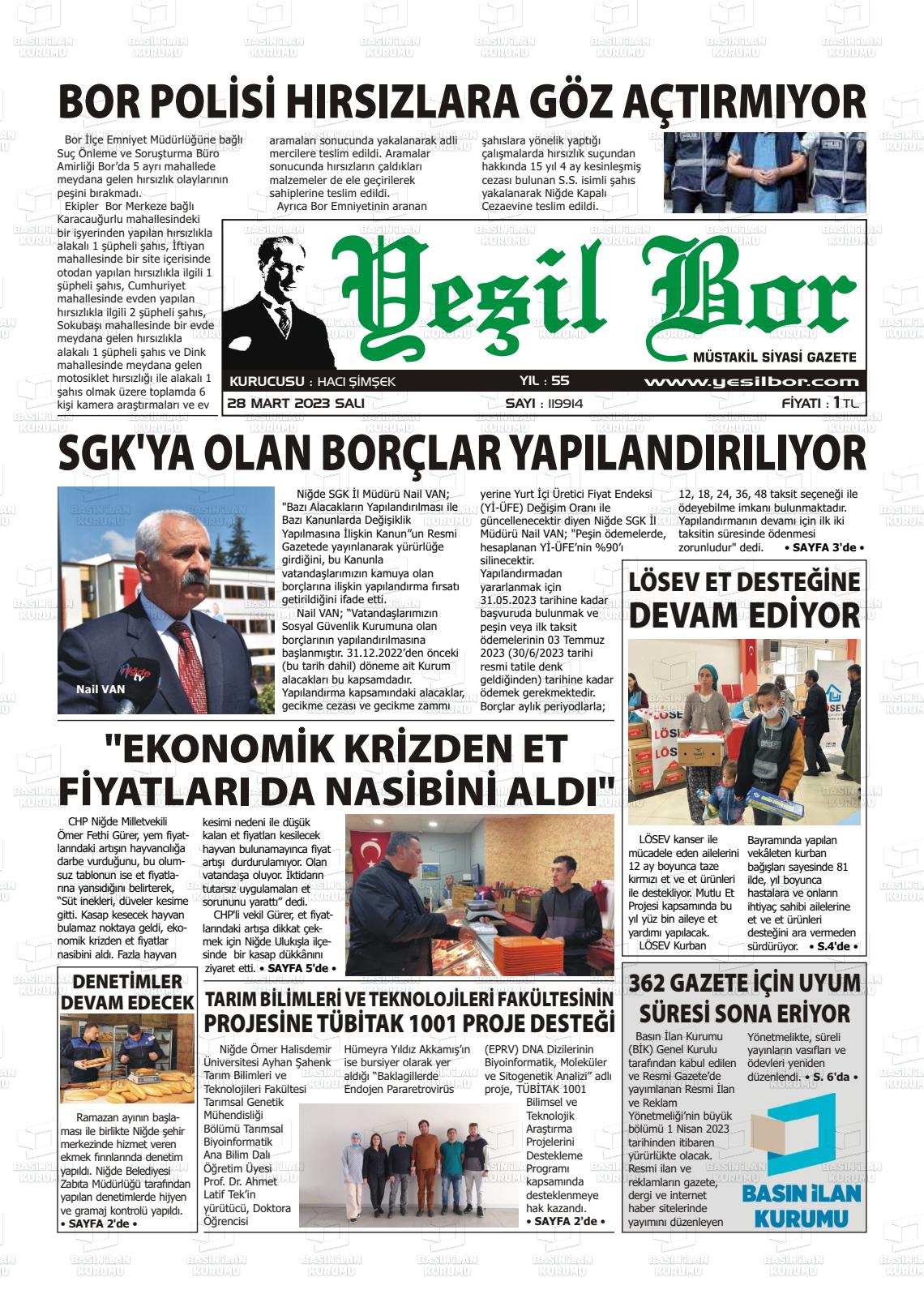 28 Mart 2023 Yeşil Bor Gazete Manşeti
