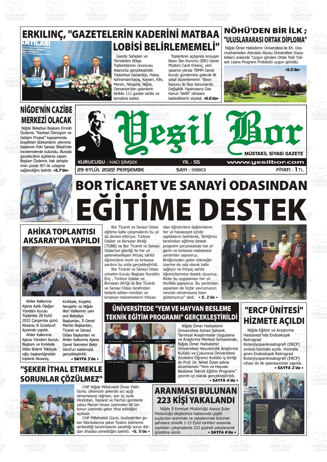 29 Eylül 2022 Yeşil Bor Gazete Manşeti