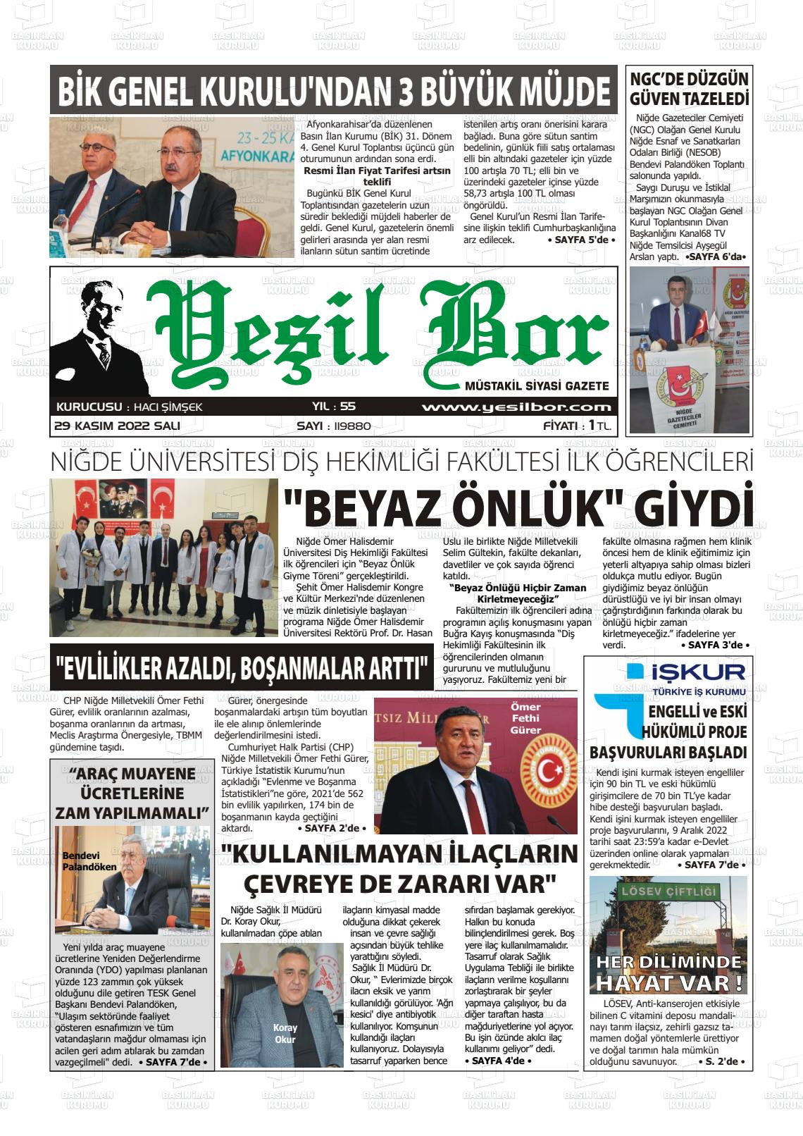 29 Kasım 2022 Yeşil Bor Gazete Manşeti